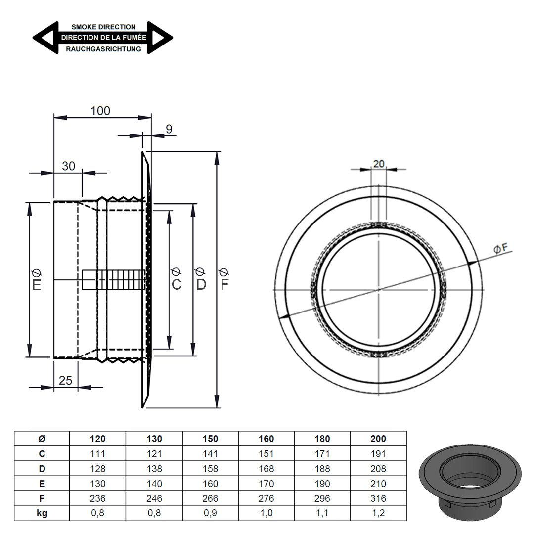 Feuercampus Ofenrohr Wandfutter mit Zentrierfedern und Wandrosette, 130 mm