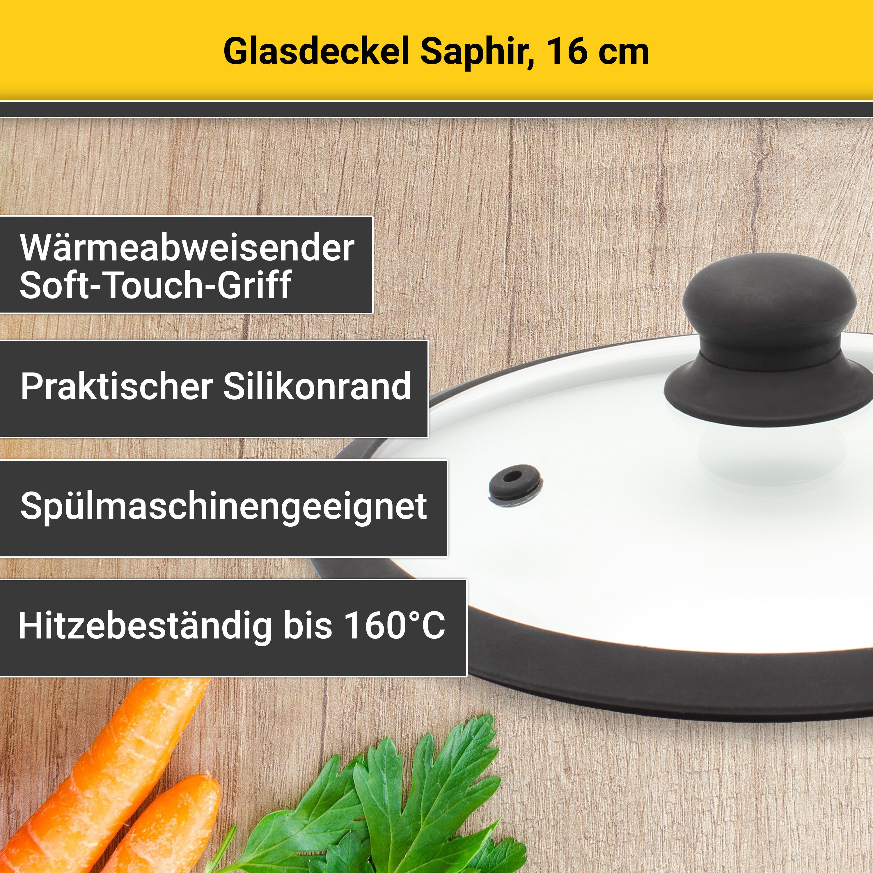 Krüger Deckel Glasdeckel Saphir mit Soft-Touch-Knopf, (1-tlg), hitzebeständig bis 160°C und spülmaschinengeeignet