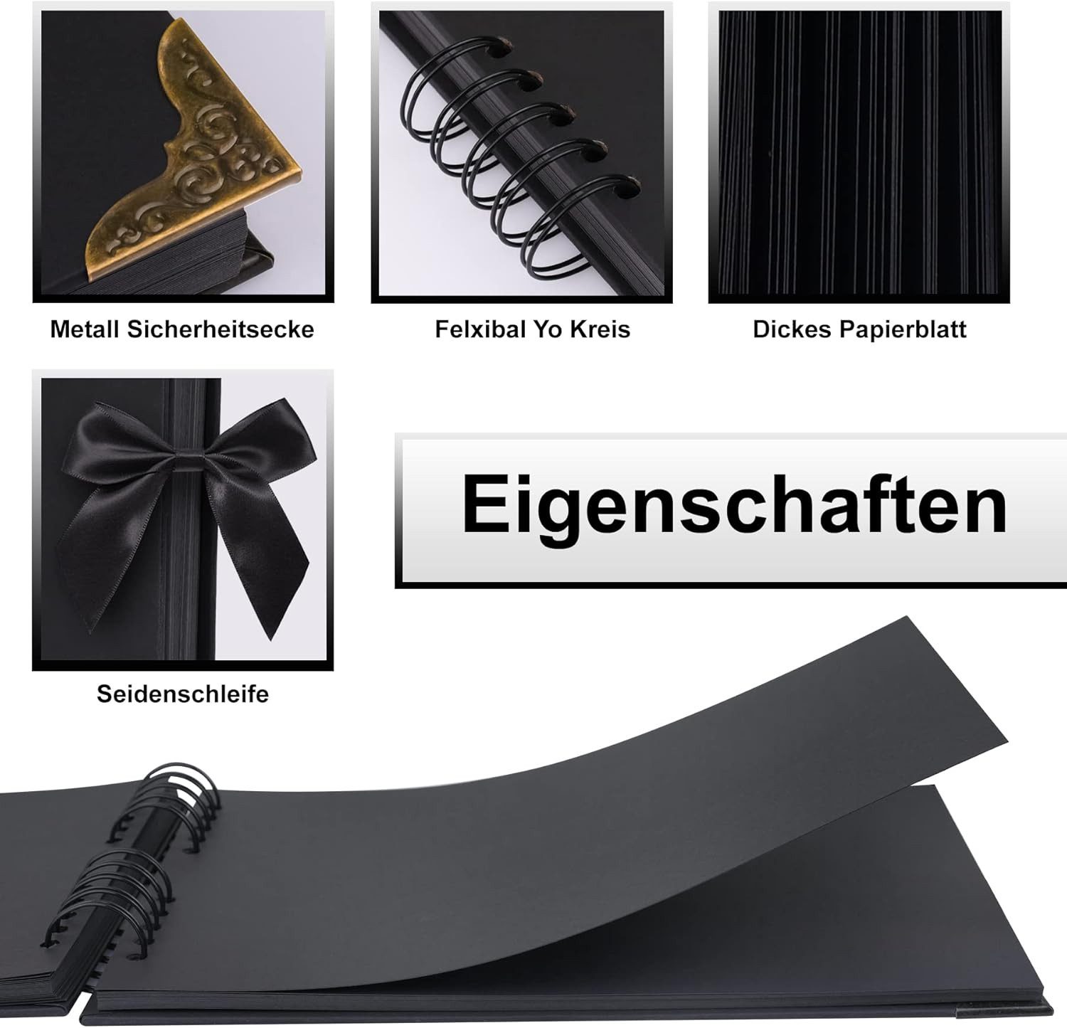 Montegoni Fotoalbum zum Selbstgestalten Schwarz mit Metallic Farbstiften, Schablonen uvm. (Set, für ca. 80 bis 320 Bilder, 29.5x21.0x3.4cm), Ideal als Geschenk, Dickes Papierblatt, Metall Sicherheitsecke