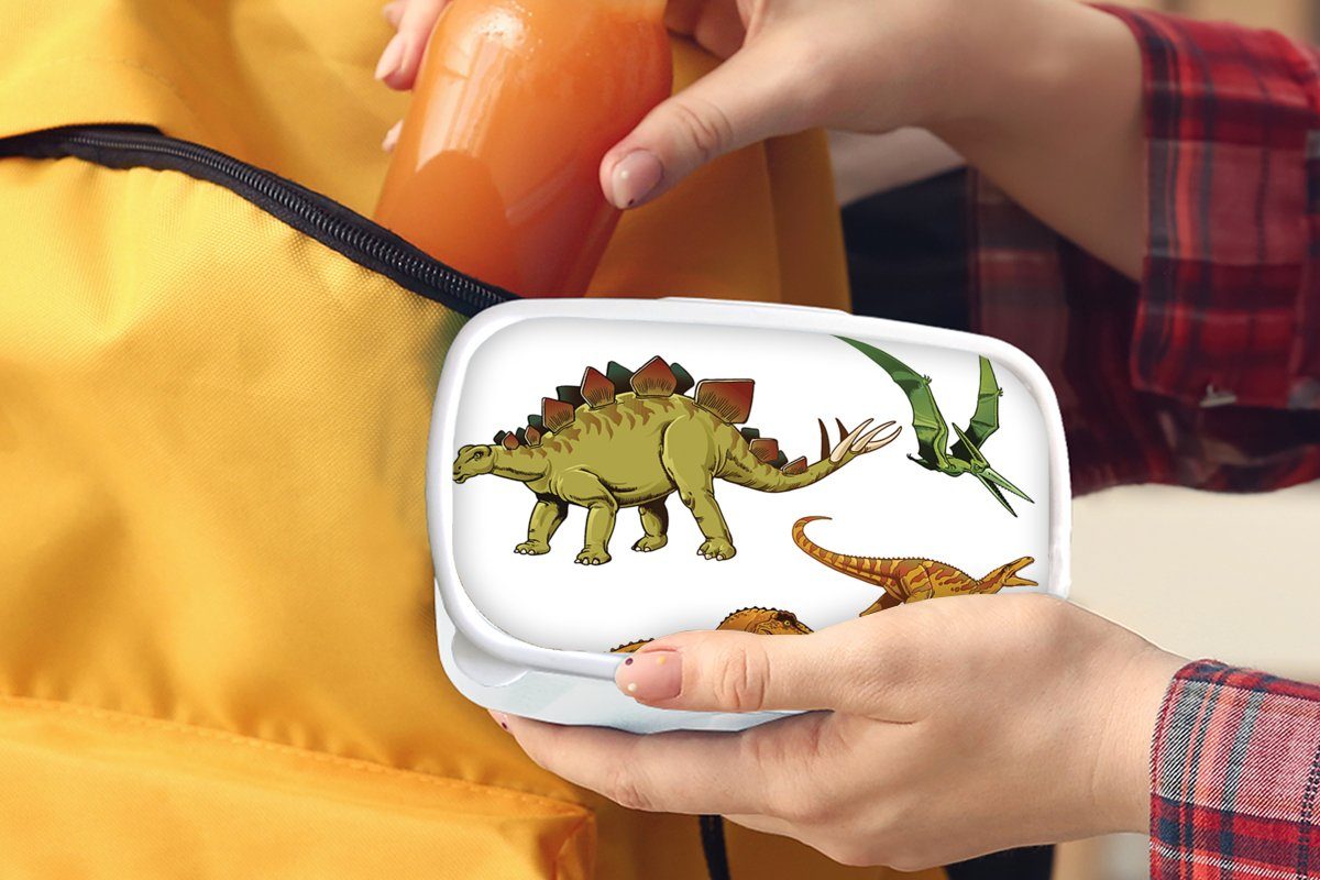 Zeichnung Brotdose, Erwachsene, Jungs Mädchen - Jungen Kinder für Lunchbox (2-tlg), Brotbox - Kunststoff, weiß Dinosaurier Kinder, für - und und MuchoWow