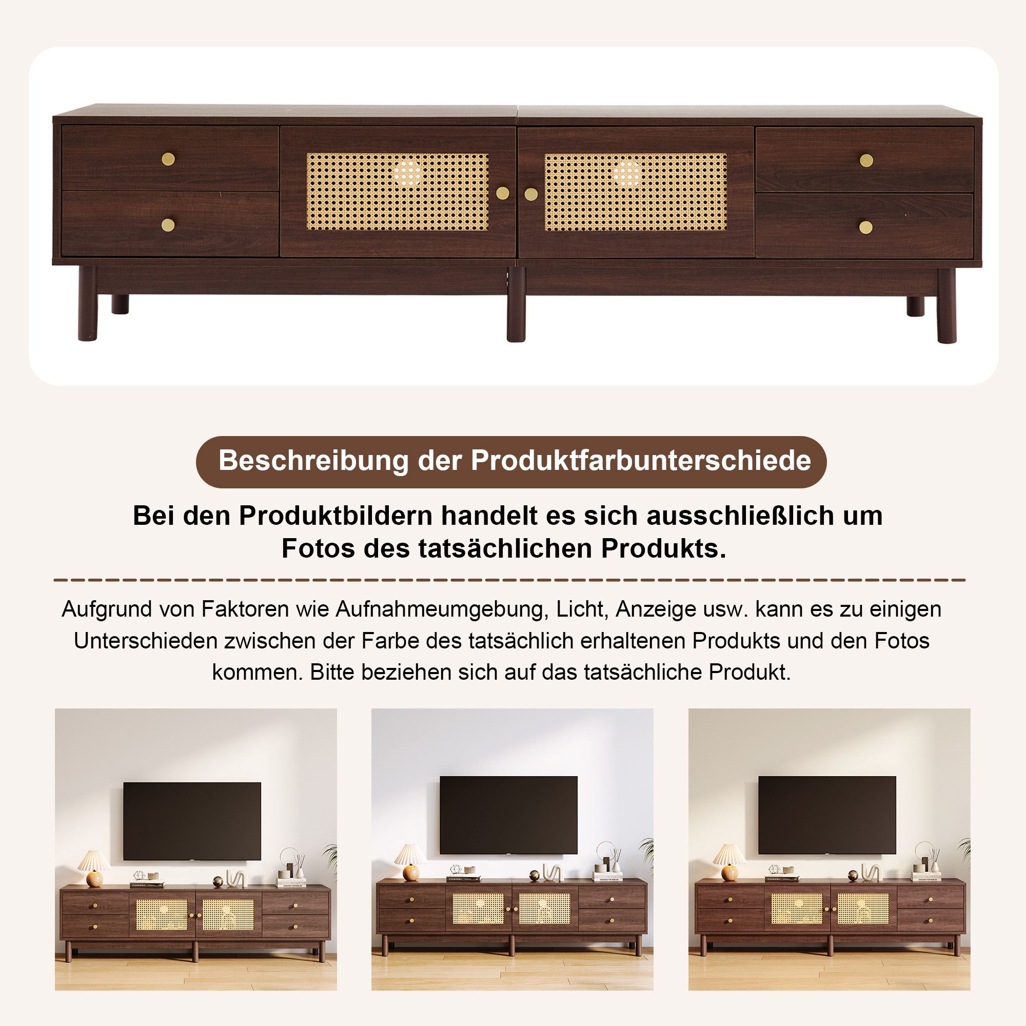 Merax Lowboard Lowboard mit Rattantüren und 4 Schubladen, TV-Schrank Fernsehtisch, Breite:180cm – Bild 5 von 5