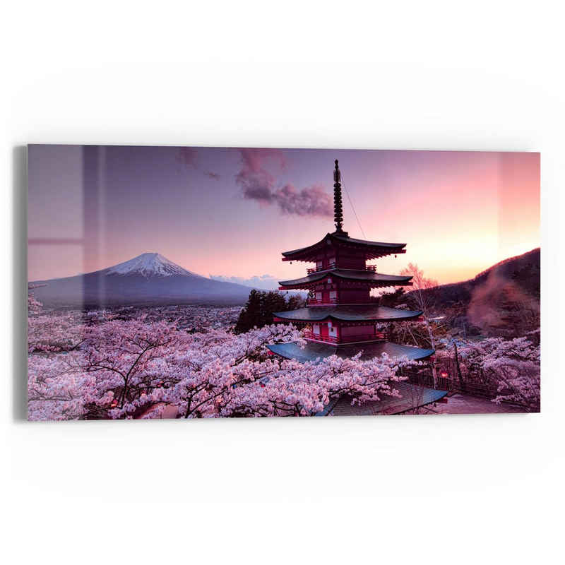 DEQORI Glasbild 'Kirschblüten Tempel Japan', 'Kirschblüten Tempel Japan', Glas Wandbild Bild schwebend modern