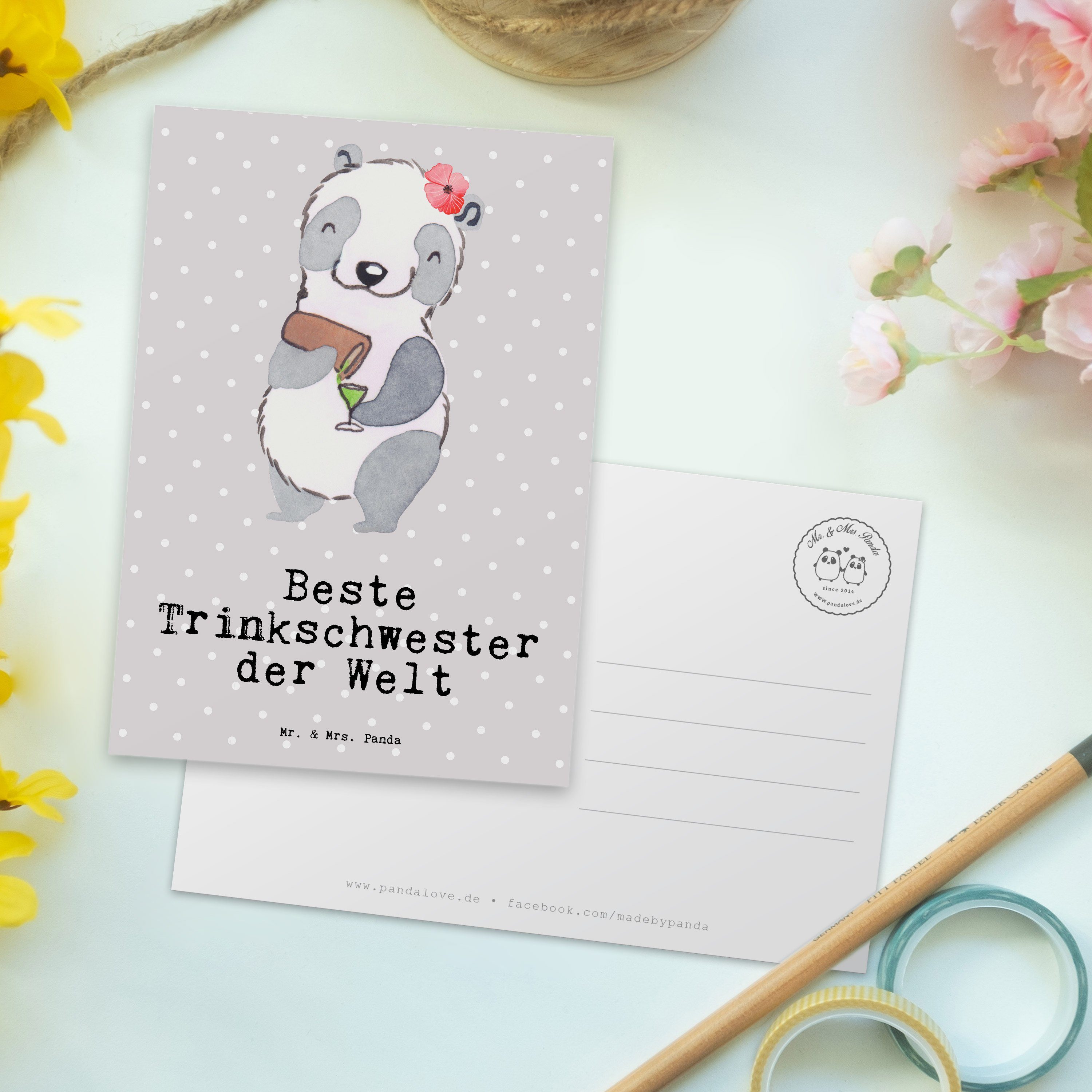 Panda Welt & - Pastell Beste Grau Grußka Geschenk, der Mr. Panda Postkarte Mrs. - Trinkschwester