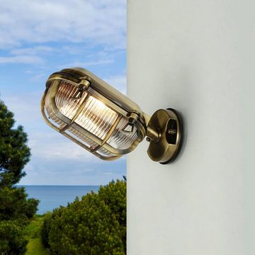 Licht-Erlebnisse Außen-Wandleuchte SKIATHOS, ohne Leuchtmittel, Messing Riffelglas IP64 E27 in Antik Maritim rostfrei Haus Hof