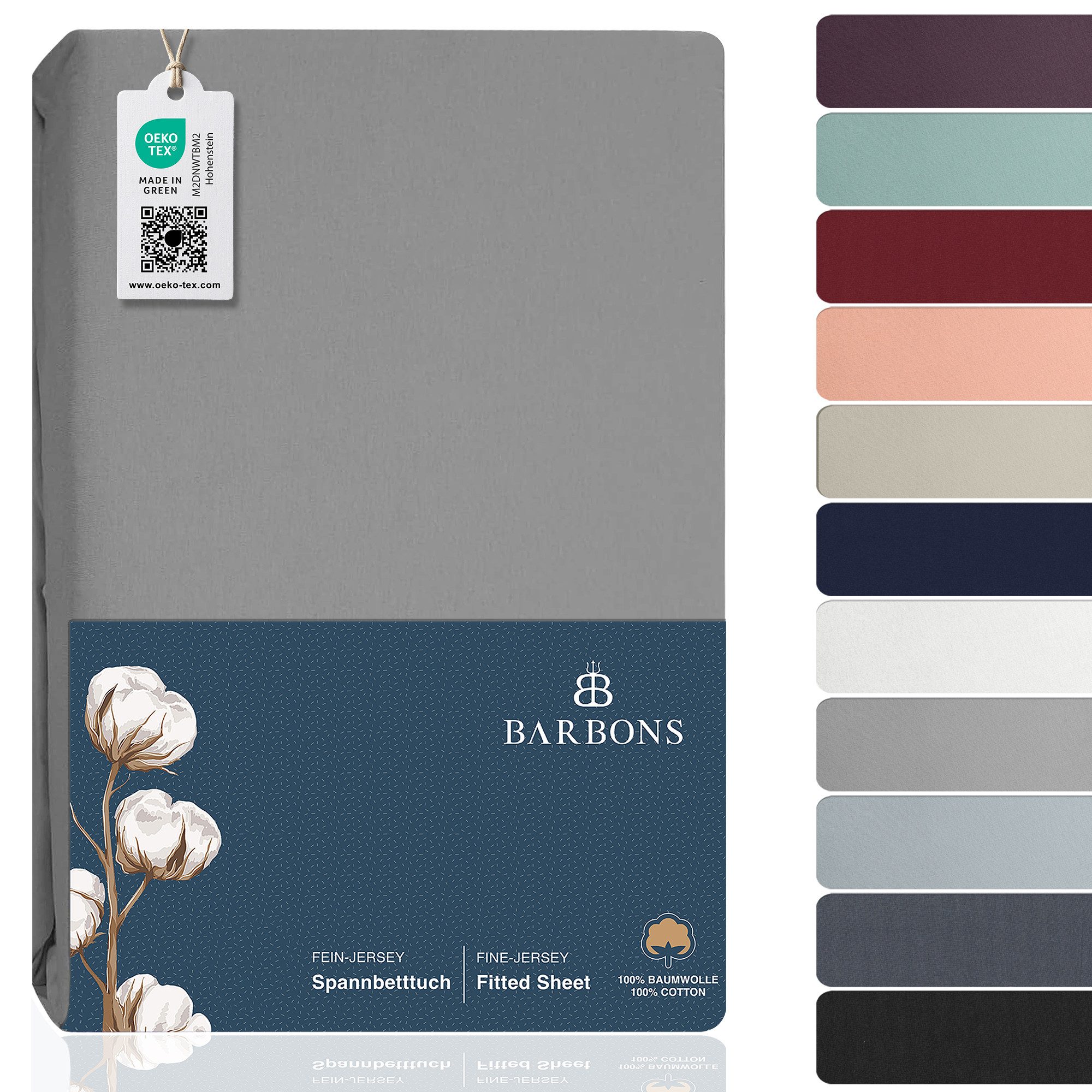 BARBONS Spannbettlaken Jersey Bettlaken, 145 g/m² Spannbetttuch, bis zu 25cm Höhe, Topper, Jersey aus 100% Baumwolle, Gummizug: rundum, (1 Stück), Rundumgummi, Atmungsaktiv