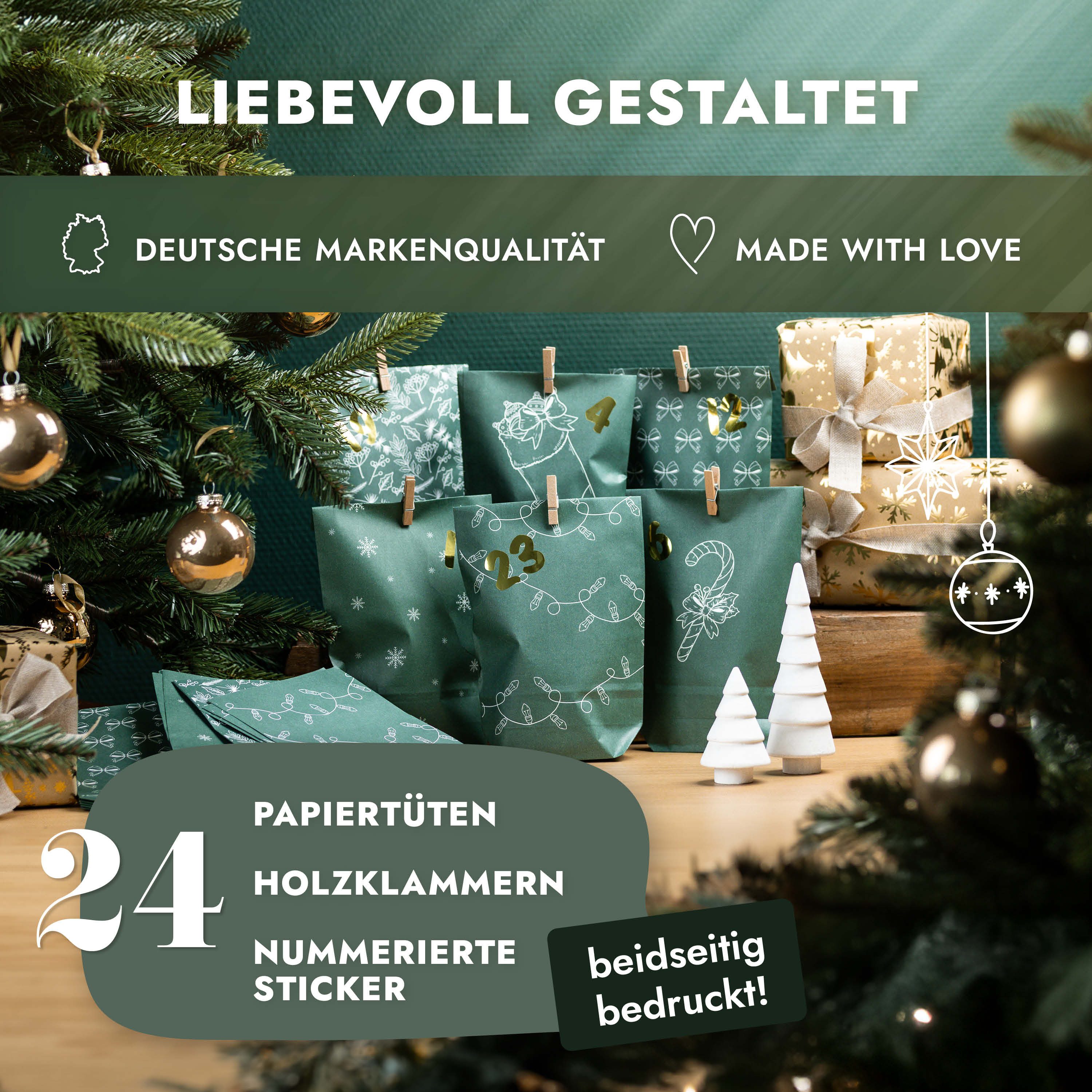 Amari befüllbarer Adventskalender Adventskalender zum Befüllen 2026, 24 Papiertüten 14×22 cm mit Zahlen (DIY Set, 72-tlg), Designs für Kinder & Erwachsene, wied – Bild 2 von 5