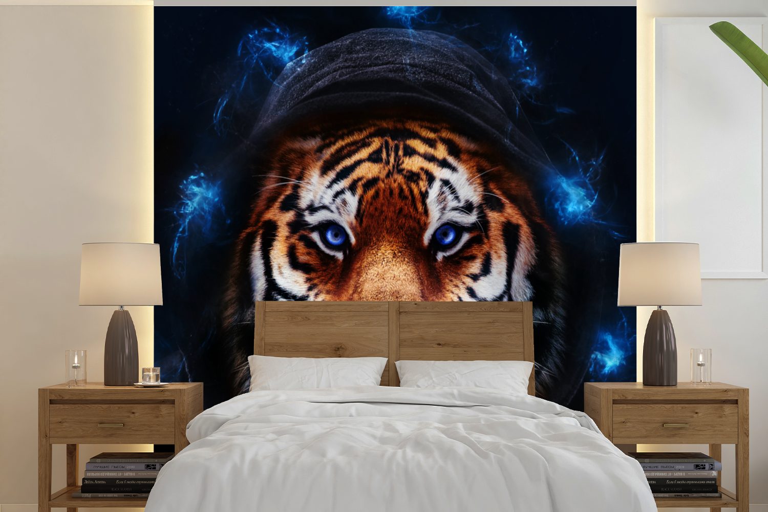 MuchoWow Fototapete Tiger - Kleidung - Licht, Matt, bedruckt, (5 St), Vinyl Tapete für Wohnzimmer oder Schlafzimmer, Wandtapete