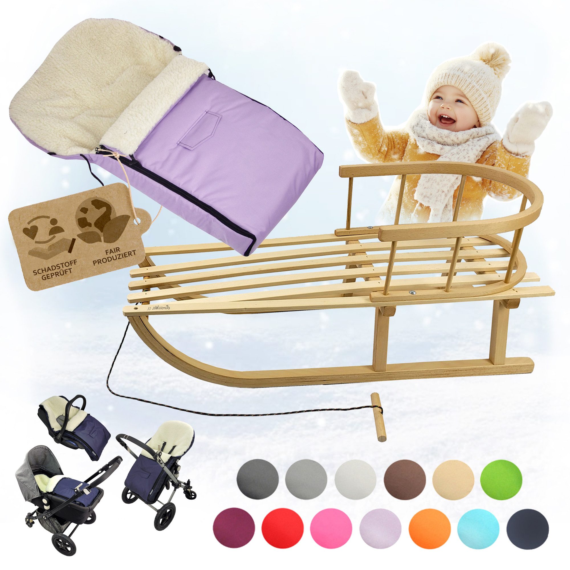 BambiniWelt by Rafael K. Санки CE-HOLZSCHLITTEN mit Rückenlehne Zugleine + WINTERFUßSACK Wolle 90cm, Kombi-Angebot