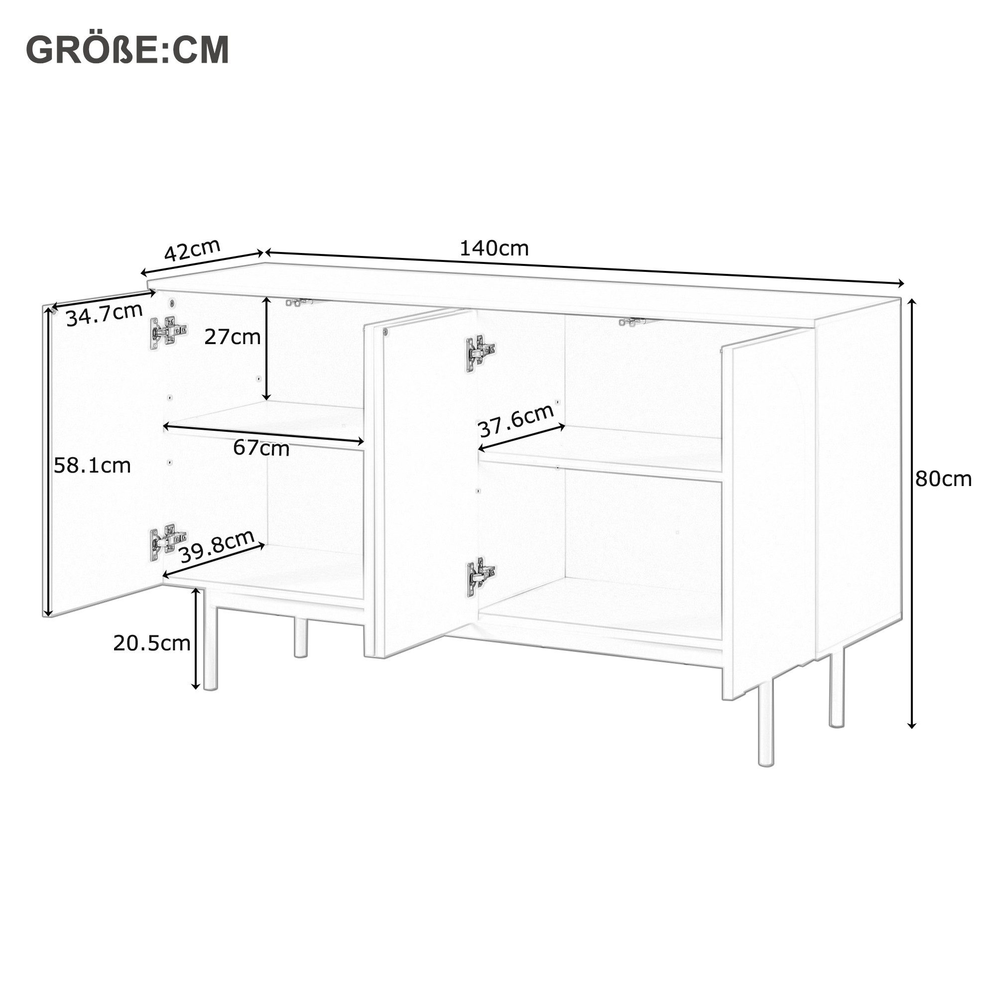 IDEASY Sideboard 4 Türen Reinweiß, Hochwertiges Wohnzimmerschrank mit Stauraum (Modernes Minimalistisches Design, Bogenmuste), Weiße Aufbewahrungsmöbel mit Bogenförmigen Türdetails