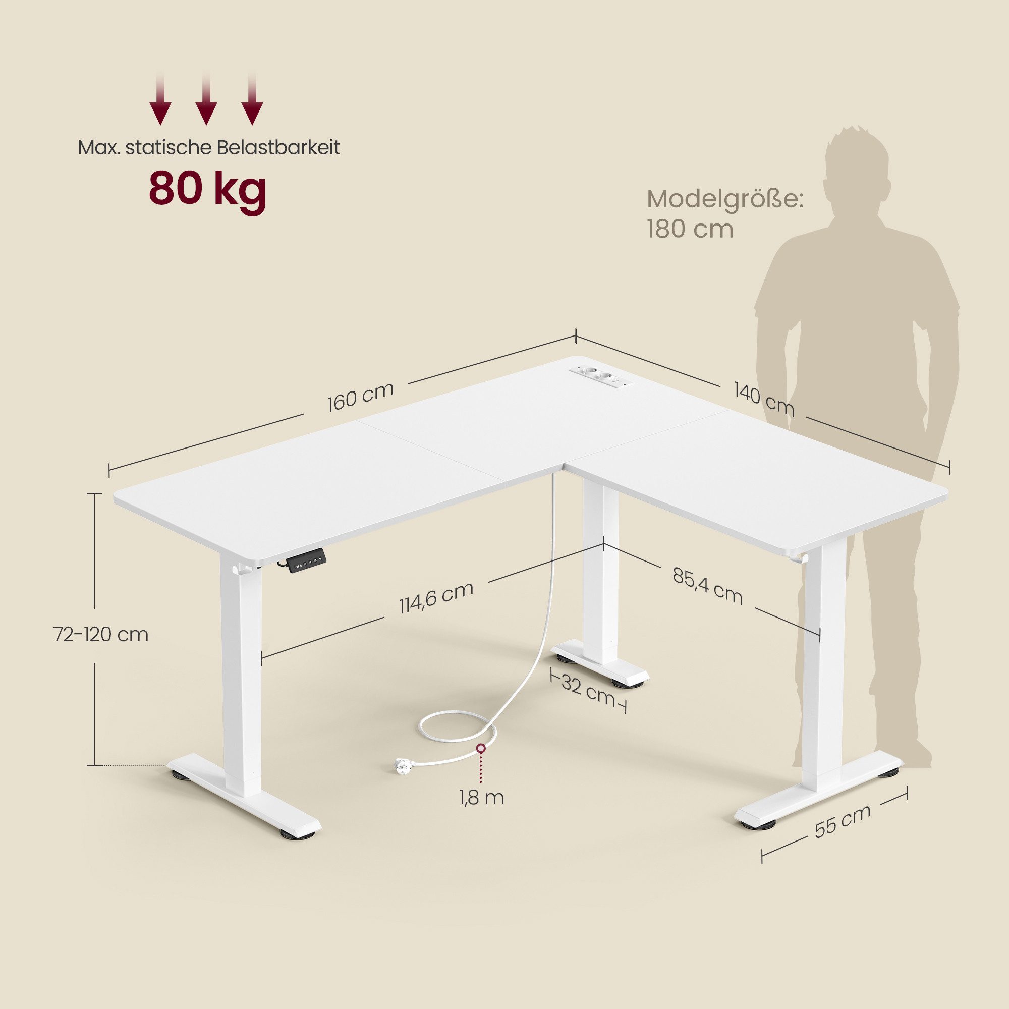 VASAGLE Schreibtisch Höhenverstellbarer Schreibtisch elektrisch (L-förmiger Eckschreibtisch), mit Ladestation, 160 cm, Memory-Funktion mit 2 Höhen – Bild 3 von 5