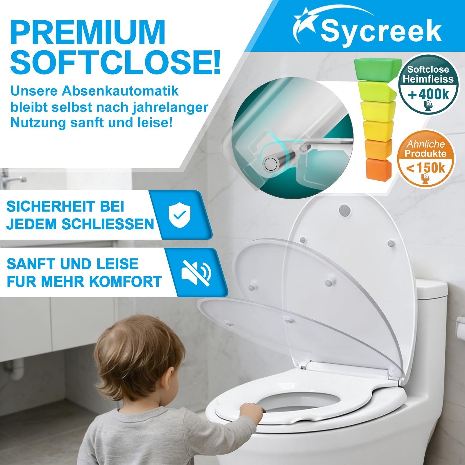 Blossom WC-Sitz Toilettensitz Kinder, Toilettendeckel mit Absenkautomatik, Klodeckel (mit integriertem Kindersitz, Quick Release), antibakterieller Klobrille, D-Form Oval WC Sitz Familien Toilettensitz