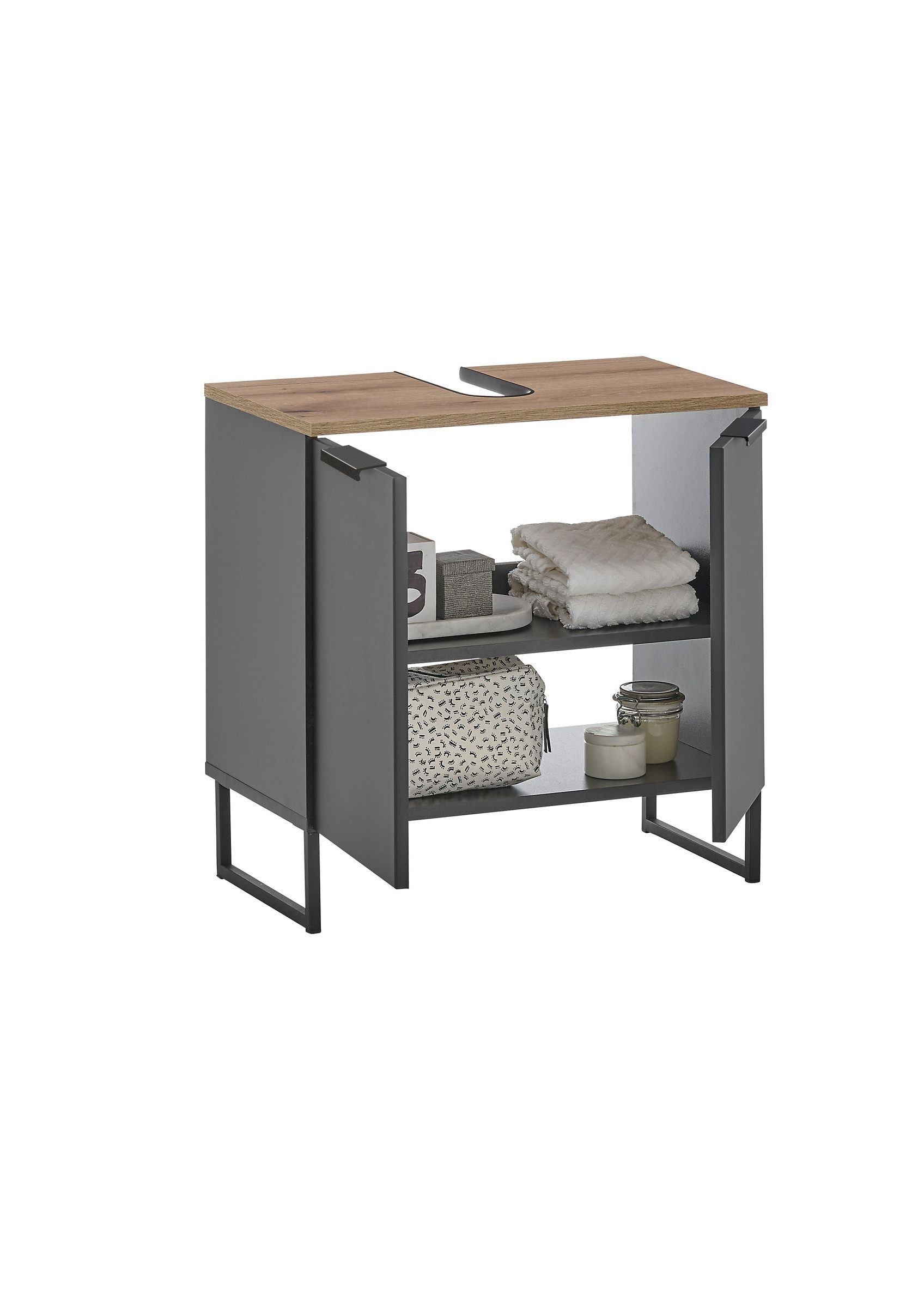 PREISBRECHER Waschbeckenunterschrank Denver 2 Türen, schwarz matt / Evoke Eiche dekor - 60x60x35cm (BxHxT)