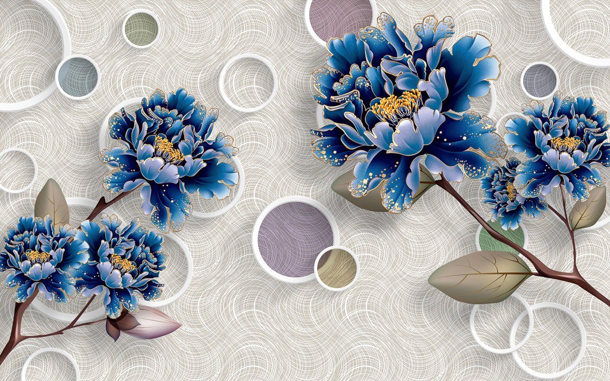 Papermoon Blumen mit Muster blau Fototapete