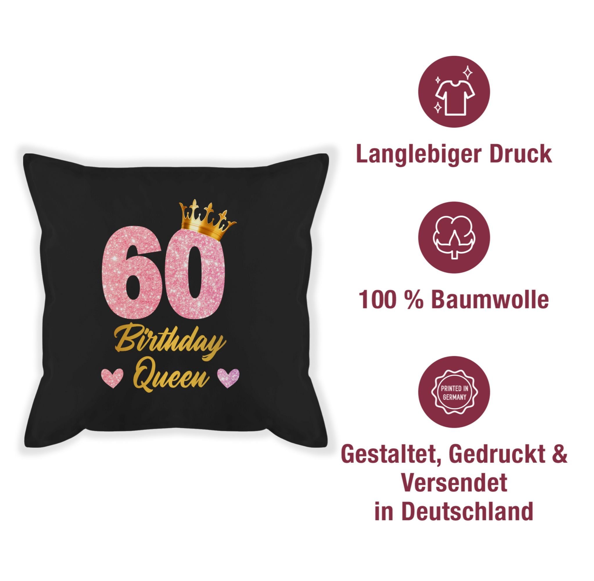 Shirtracer Dekokissen 60 Birthday Queen Geburtstags Schwarz 60, Geburtstag Kissen 60. Geburtstagsgeschenk Königin 1