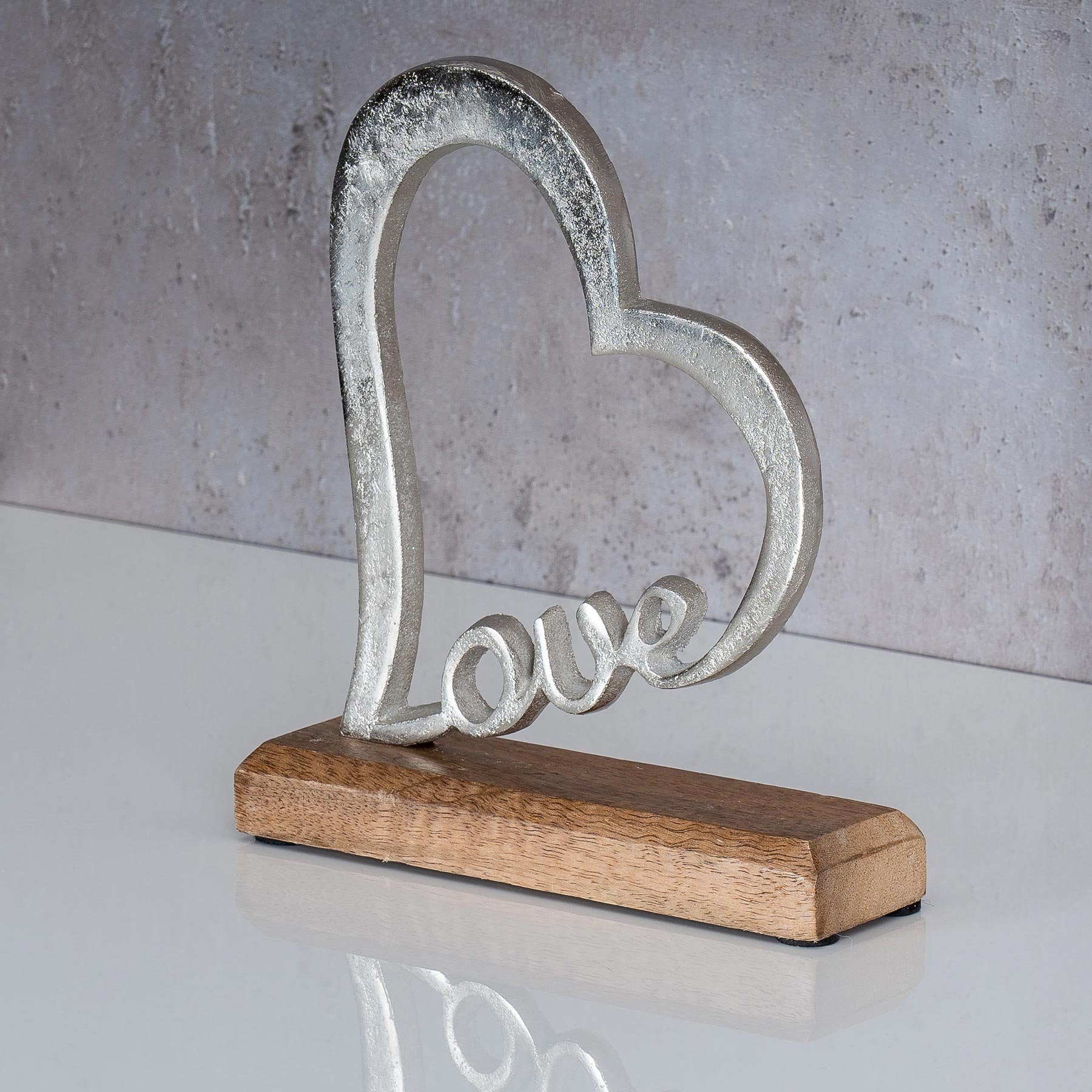 Levandeo® Deko-Schriftzug, Schriftzug Aufsteller Mango Love Metall Silber Herz Holz H20cm