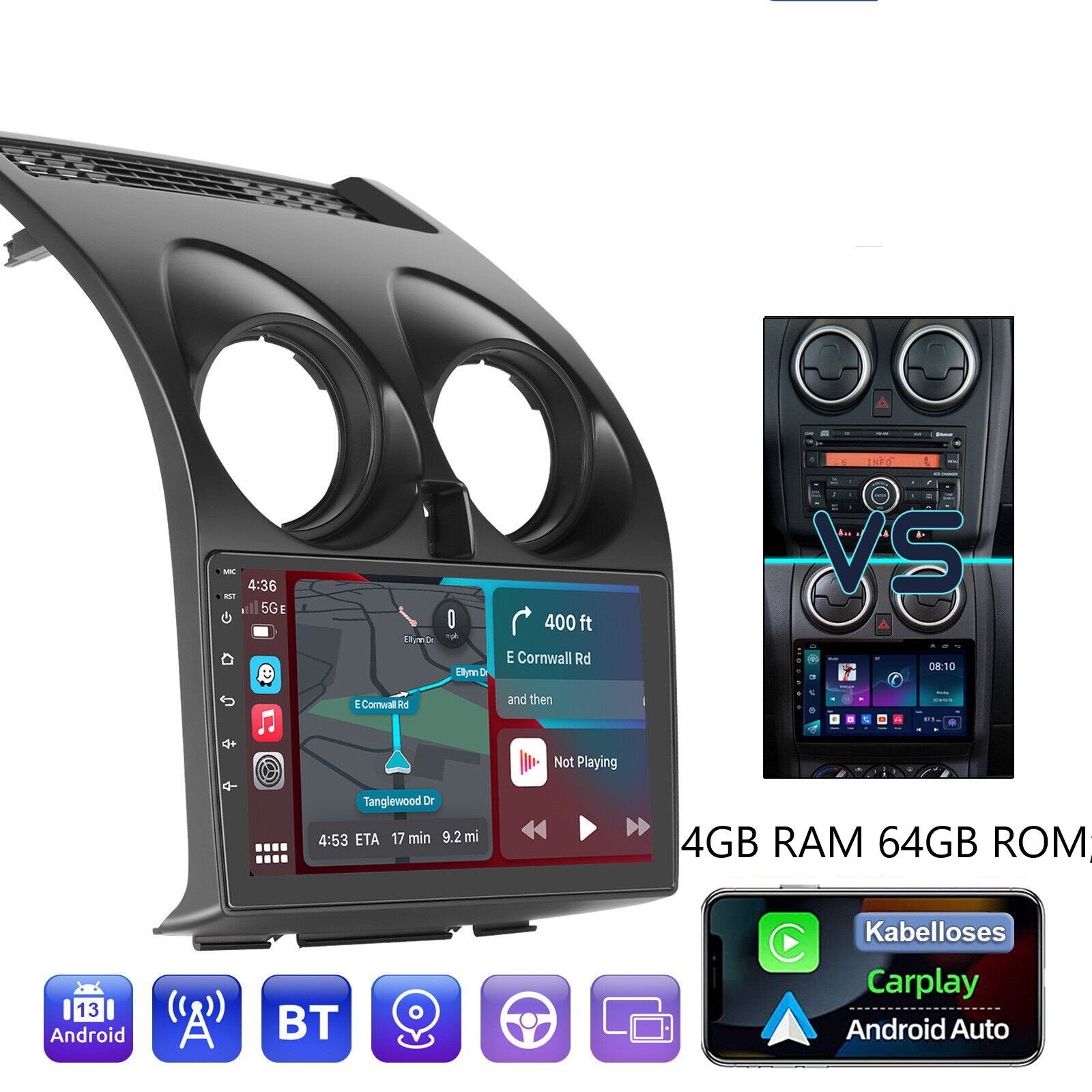 GABITECH Für Nissan 13 GPS Touchscreen Einbau-Navigationsgerät Bluetooth Android Autoradio Qashqai