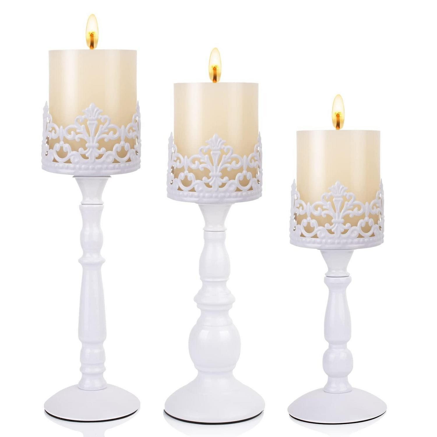 LuxusKollektion Kerzenständer Kerzenhalter 3er-Set Weiss Vintage Hoch (3 St)
