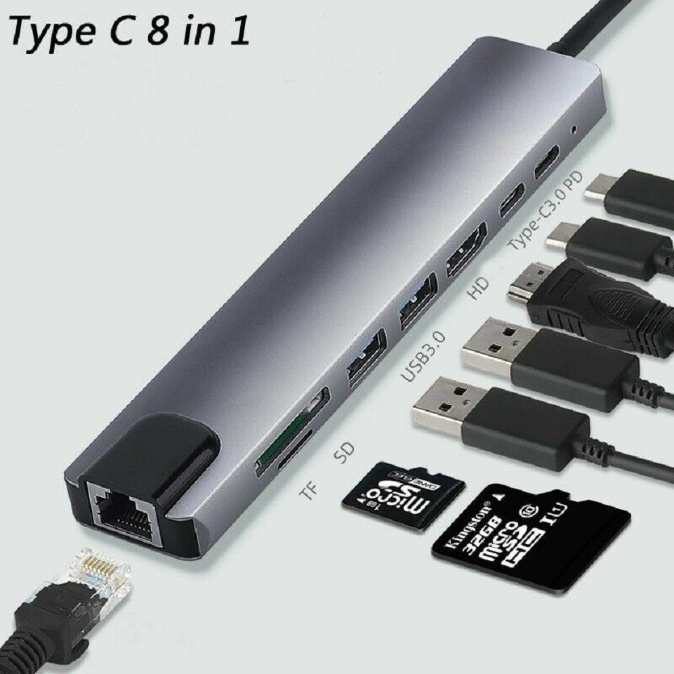 Cradys »CraDys USB C Hub, HDMI, USB C, USB 3.0, Micro Sd, SD, Ethernet  Adapter für Laptop, Macbook, Computer« Laptop-Adapter