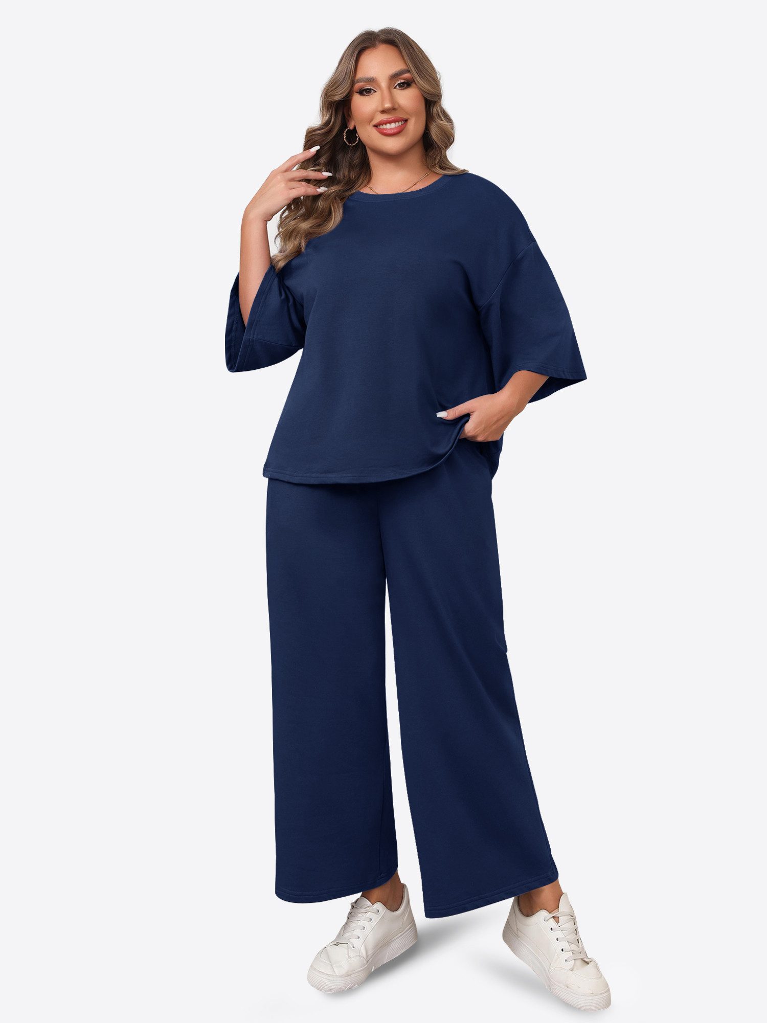 Imily Bela Hausanzug Damen Schlafanzug 2-teiliger in Übergröße (Set, 2 tlg., 3/4-Arm Bluse + Weite Hose) in Unifarbe