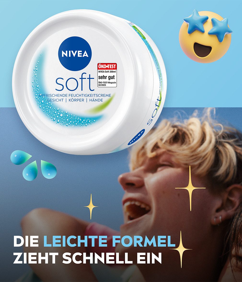 Nivea Tagescreme Soft Erfrischende Feuchtigkeitscreme 3 x 200 ml vegan, 3-tlg., Vitamin E und 100% natürlichem Jojoba-Öl
