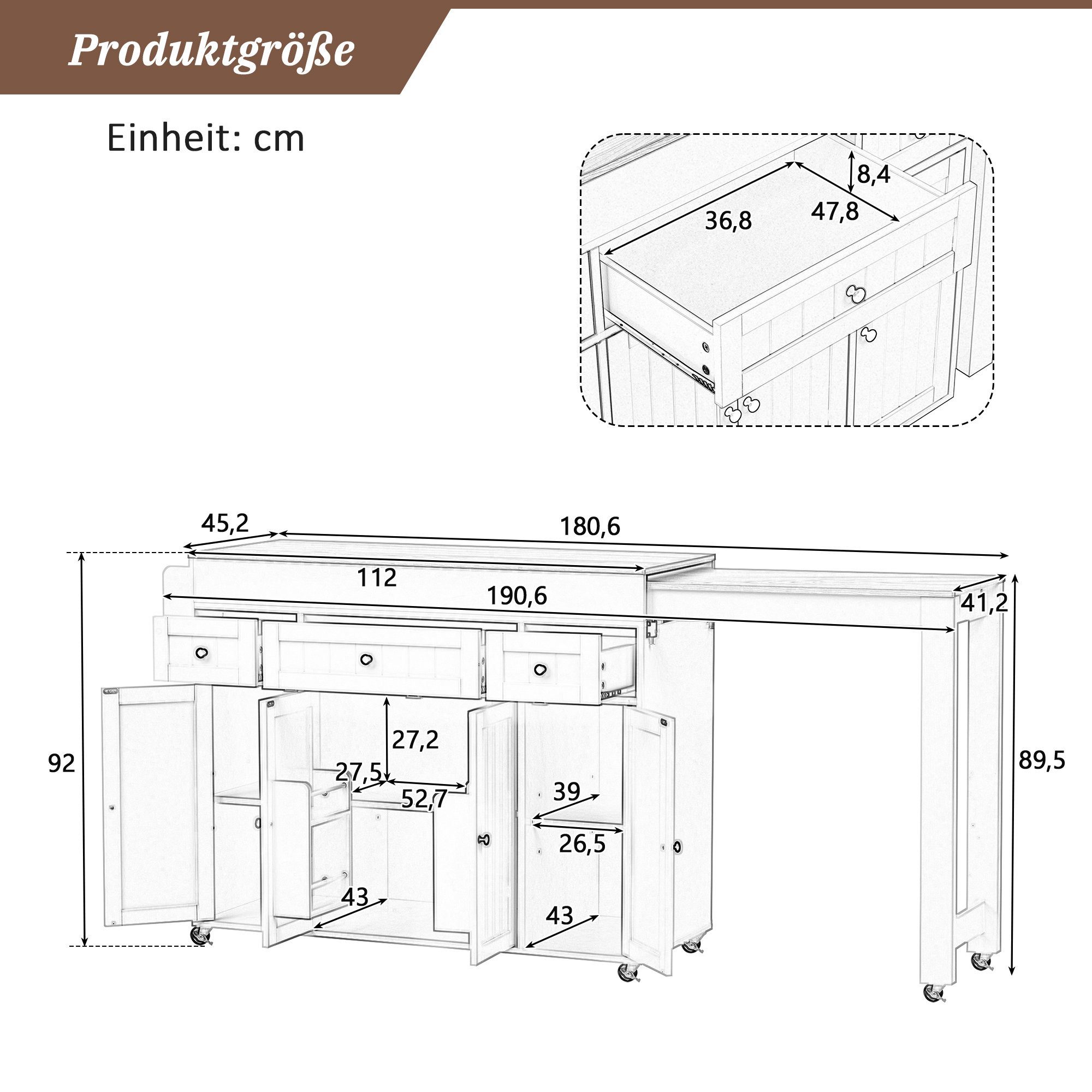 Odikalo Küchenwagen Mobile Kücheninsel mit Schubladen Ausziehbarer Esstisch Schubladen, (137-190.6×45.2×92cm(L×W×H)Kücheninsel auf Rollen Ausziehbarer Essbereich Kücheninsel mit Gewürzregal und Schubladen Mobile Kücheninsel freistehend)