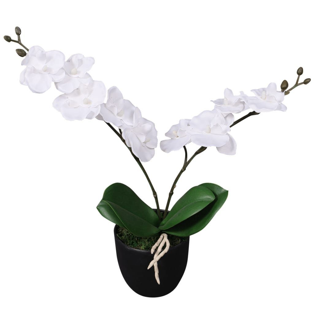 Kunstpflanze Künstliche Orchidee 30 cm in Weiß mit 4 Blättern und 9 Blüten, furnicato, Höhe 30 cm, Langlebige Kunstblume mit Kunststofftopf für das Büro oder Zuhause