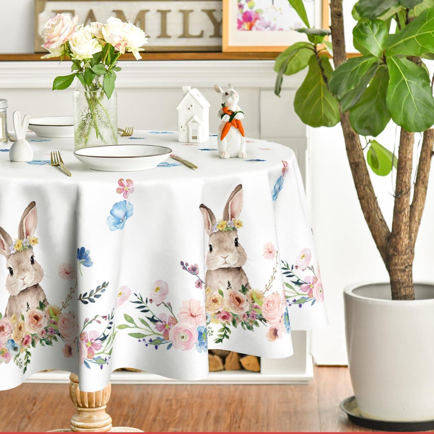 LuxusKollektion Tischdecke Tischdecke Rund 120cm Ostern Frühling Hase Weiß (1-tlg)