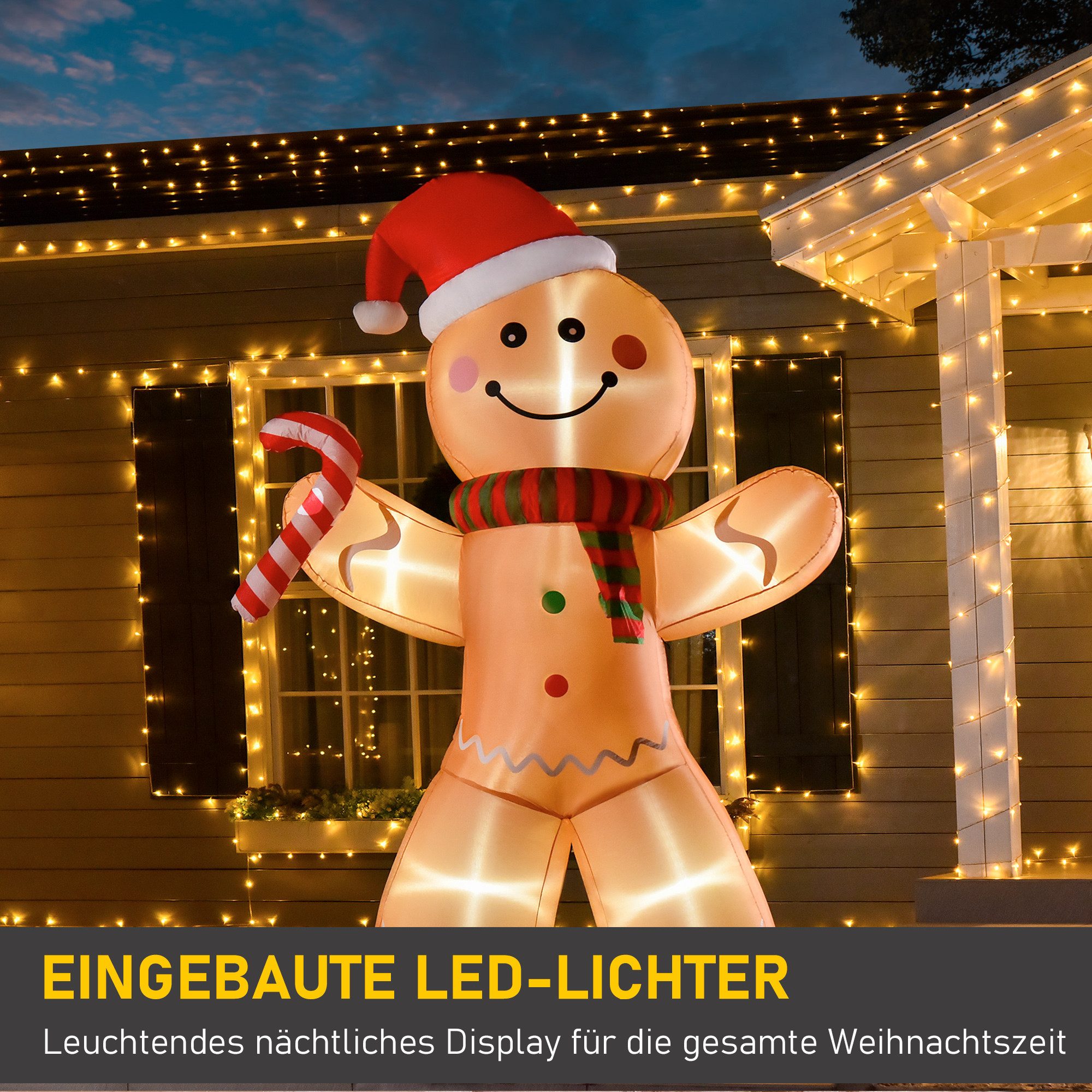 HOMCOM Weihnachtsfigur Aufblasbare Weihnachtsdeko Lebkuchenmann mit LED & Zuckerstange (Weihnachten Gärten Dekoration, Gelb), Aufblasbarer Lebkuchenmann – Bild 4 von 5