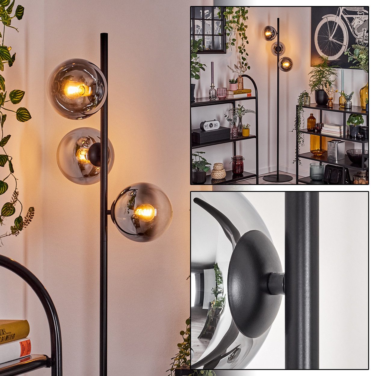 Stehlampe Stehlampe aus Metall/Glas in Schwarz/Chrom/Rauch/Klar mit Fußschalter