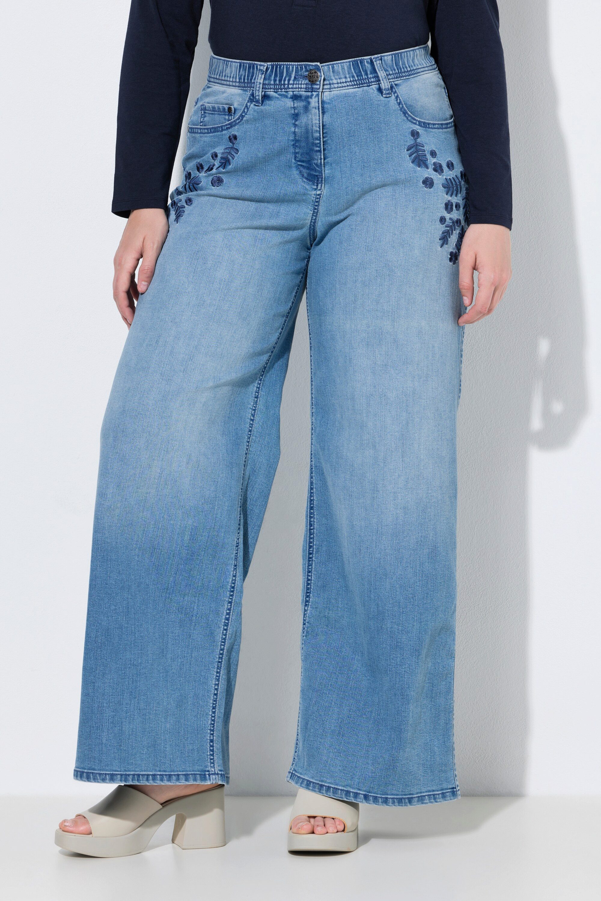 Ulla Popken 5-Pocket-Jeans Jeans Mary Stickerei extraweites Bein Komfortbund