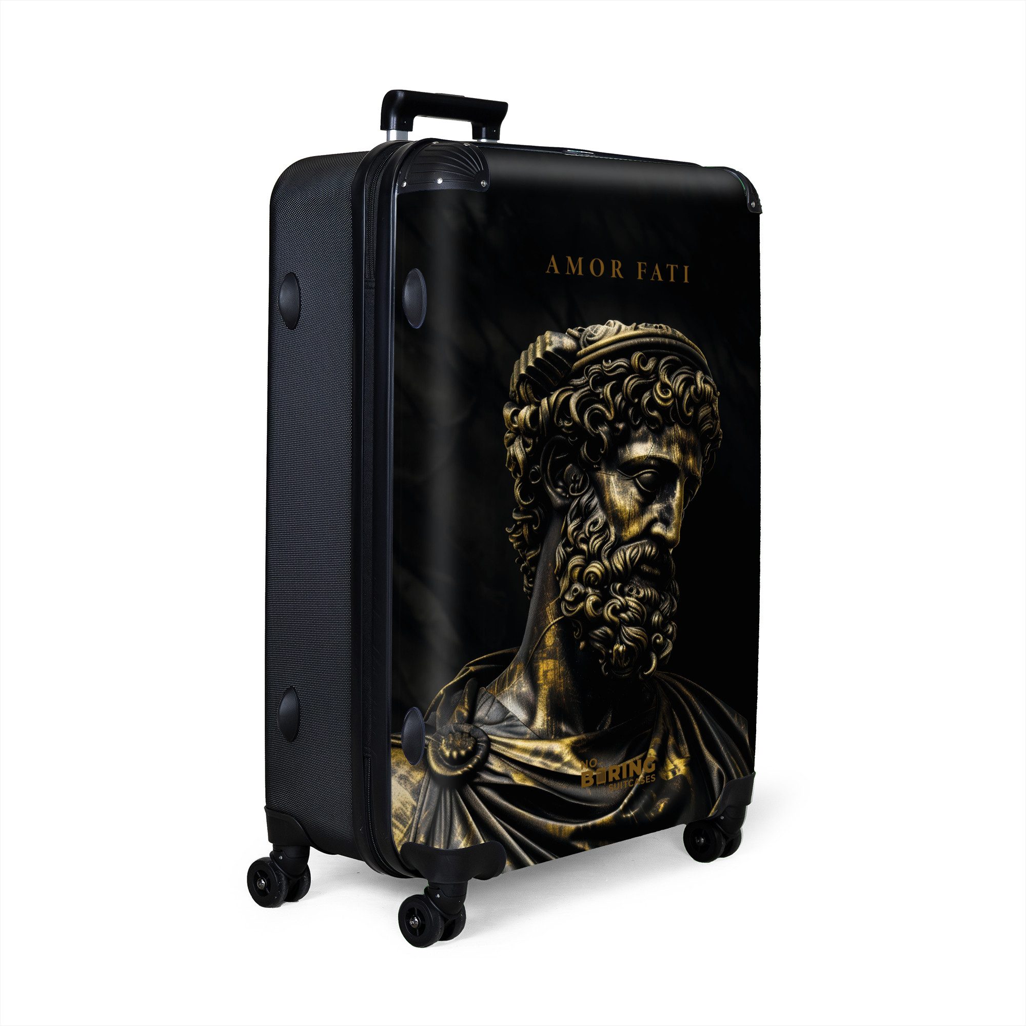 NoBoringSuitcases.com© Hartschalen-Trolley Schwarz-goldene griechische Stat günstig online kaufen
