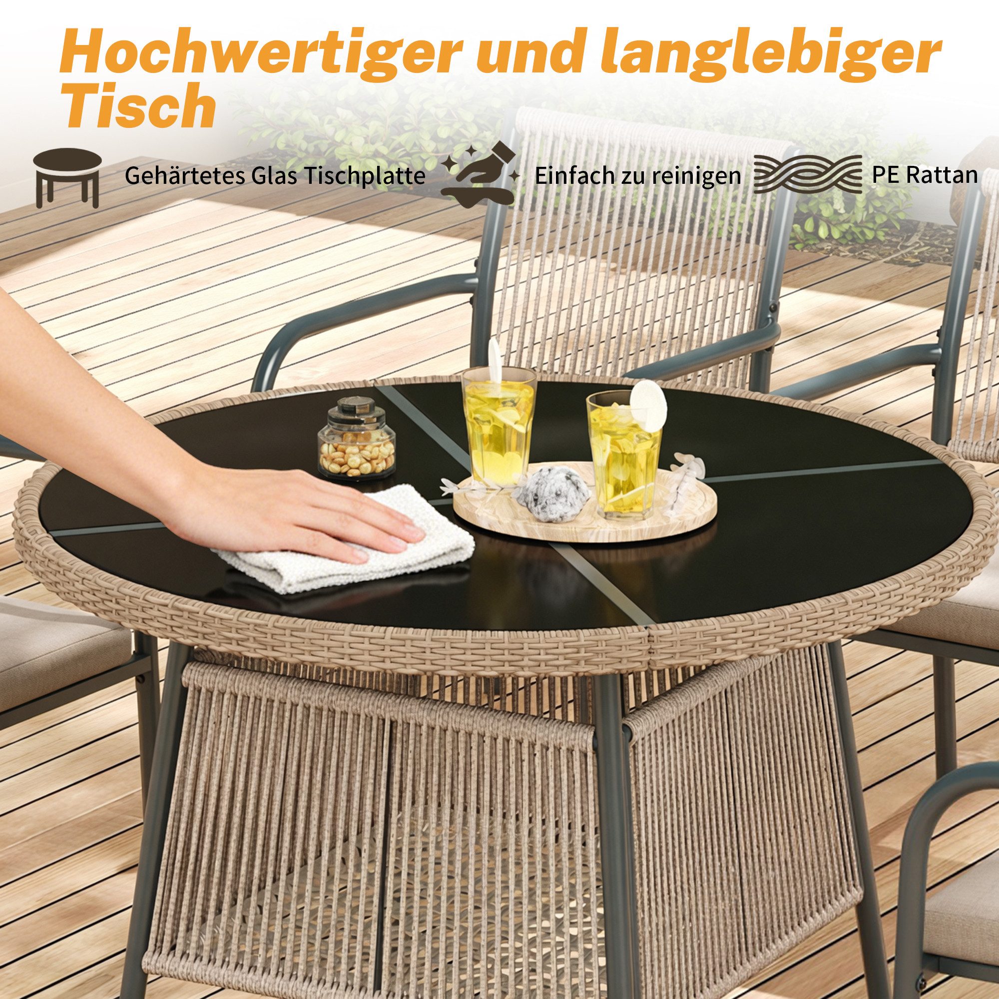 Celya Garten-Essgruppe Modernes Gartenmöbel-Set aus Rattan, Eisengestell, (Geeignet für Terrasse/Balkon/Deck, Grau), Runder Glastisch + 4 Armlehnstühle – Bild 4 von 5