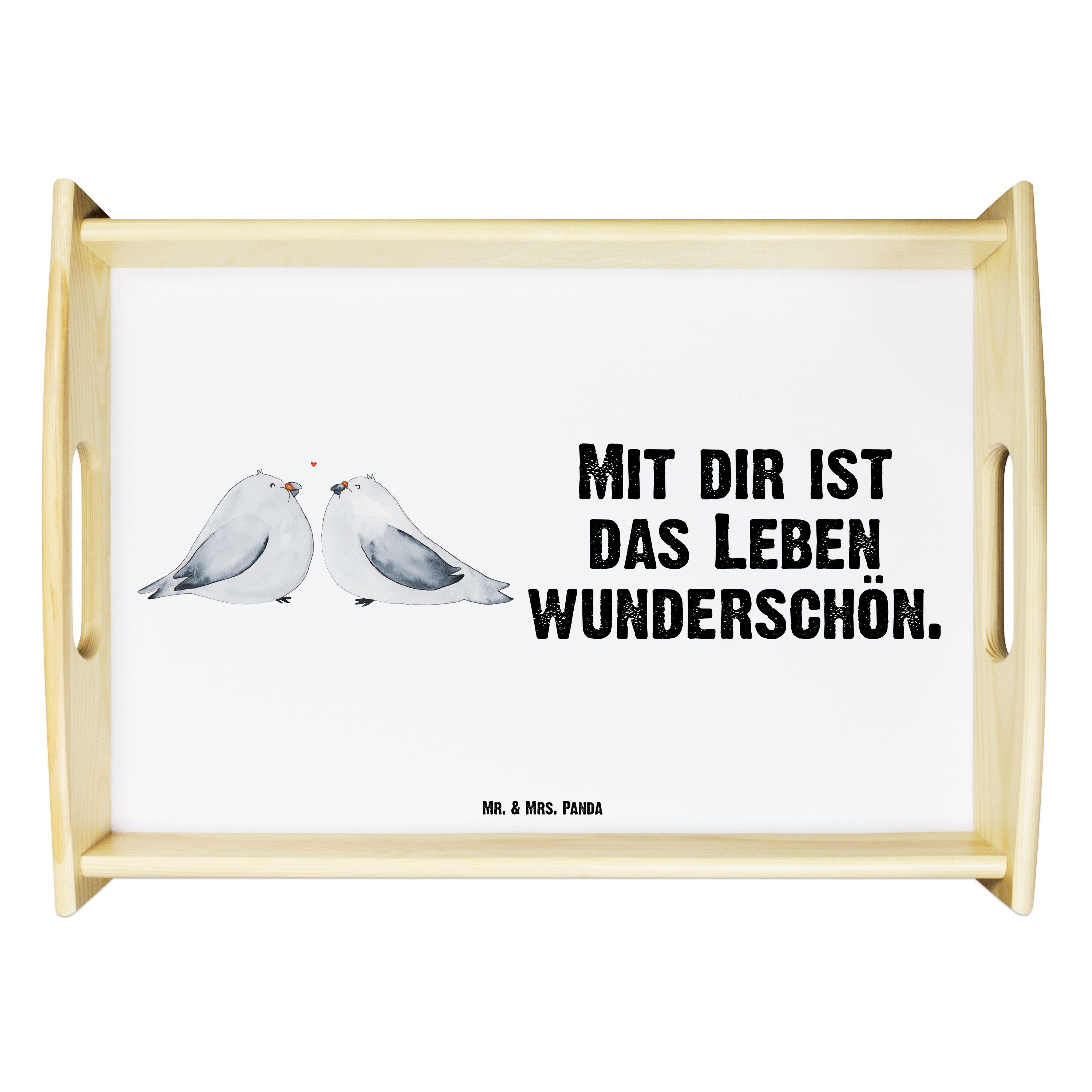 Geschenk, Mr. Liebe Mrs. & Weiß Echtholz lasiert, Panda (1-tlg) Tablett - - Turteltäubchen, Küchentablett, Turteltauben