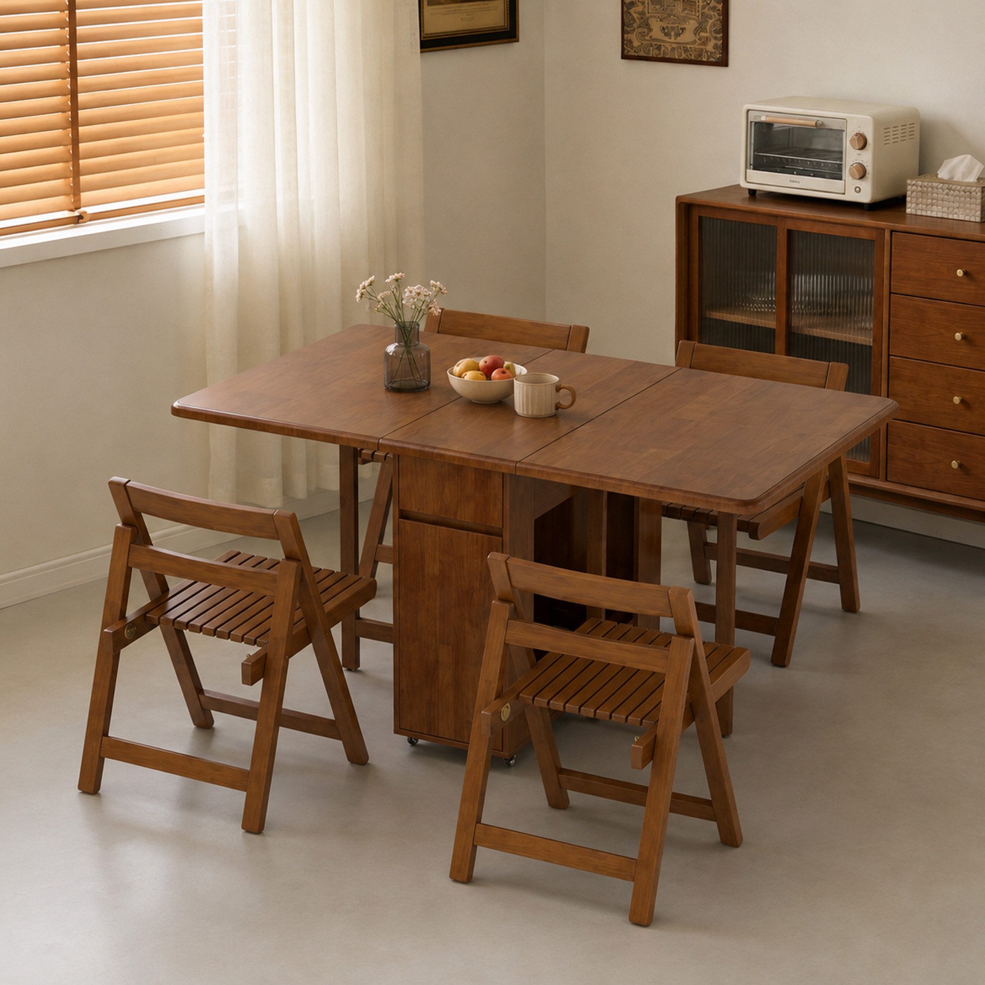 oleyluckidea Esstisch klappbar Massivholz Klapptisch 130 cm mit Stauraum & Rollen Nussbaum (4-St., ein Esstisch), Breite 13Ocm – Bild 2 von 5