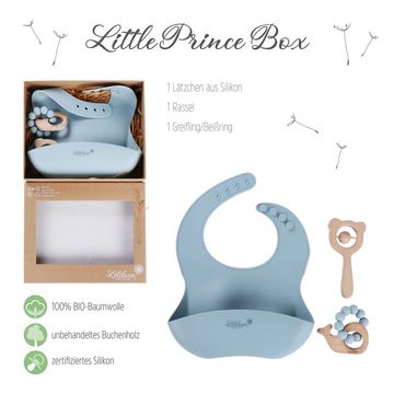 Lililove Geschenkset Neugeborenen-Geschenkset Little Prince Box, Blue (Geschenkset, Giftset, Lätzchen: 22,3 x 30cm, Beißring: 6x6 cm, Rassel 8x6cm, Geschenkset, New born, Baby Geschenkset) BPA-free, zertifiziertes Silikon, unbehandeltes Buchenholz
