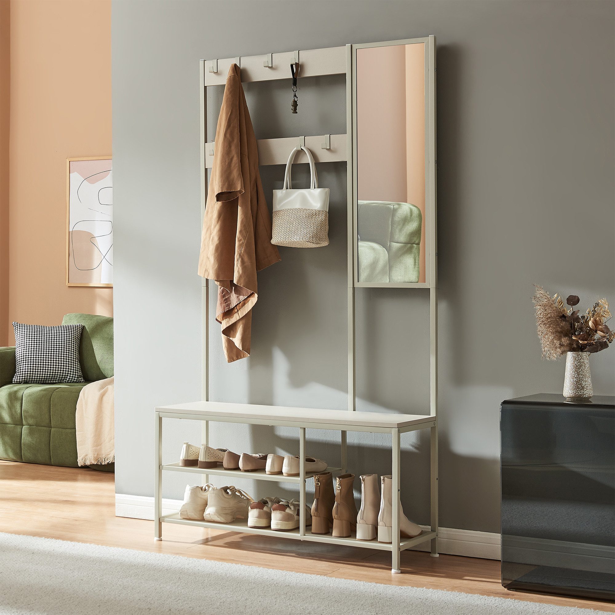 en.casa Garderobenständer, »Napinerg« mit Spiegel Schuhregal Sitzbank 185x98x34 cm Sandfarben