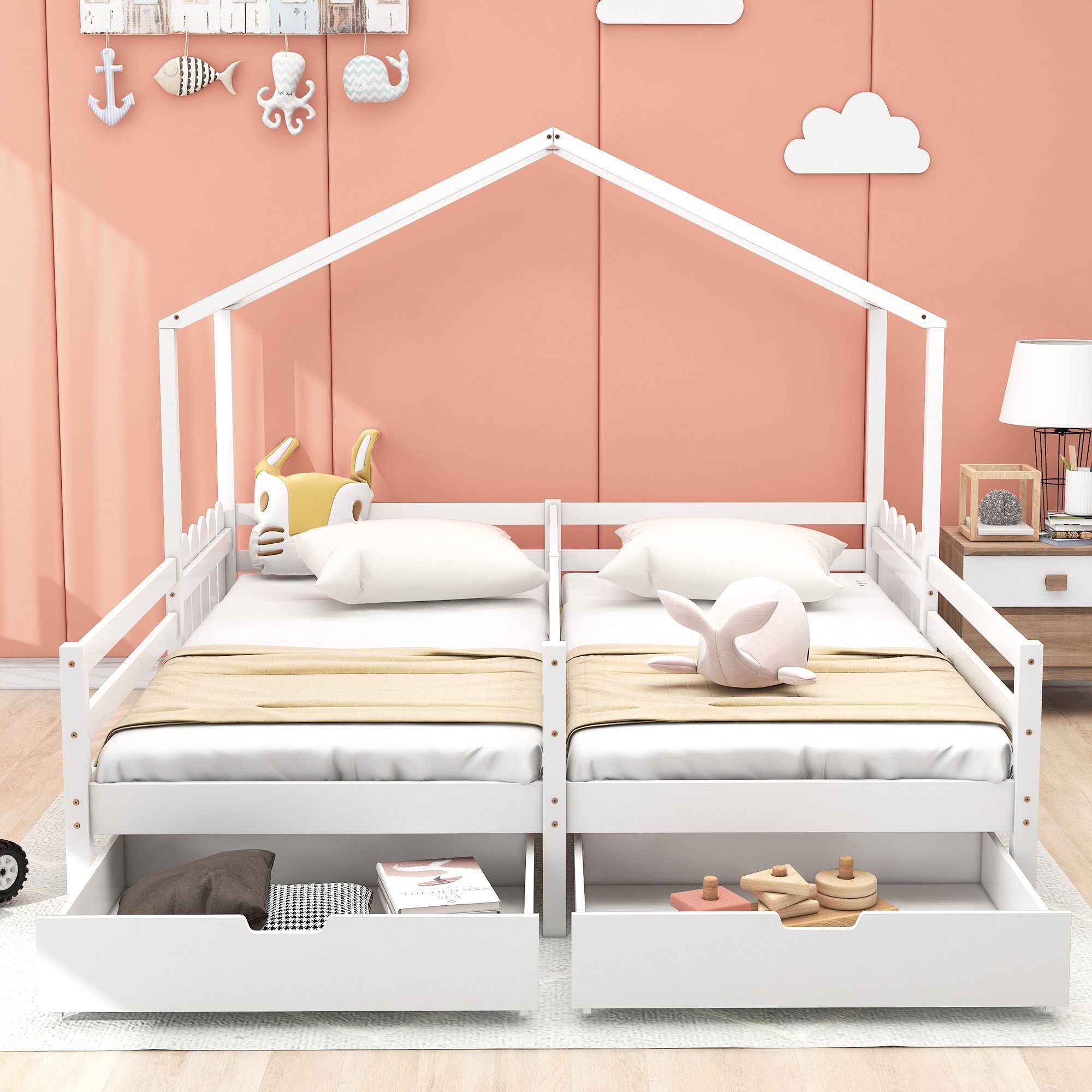 Kinderbett 2 (90x200 Kieferholz, und mit Schubladen Holzbett Rausfallschutz Hausbett SOFTWEARY aus Rollrost Schlafgelegenheiten, mit (2-St), Jugendbett cm