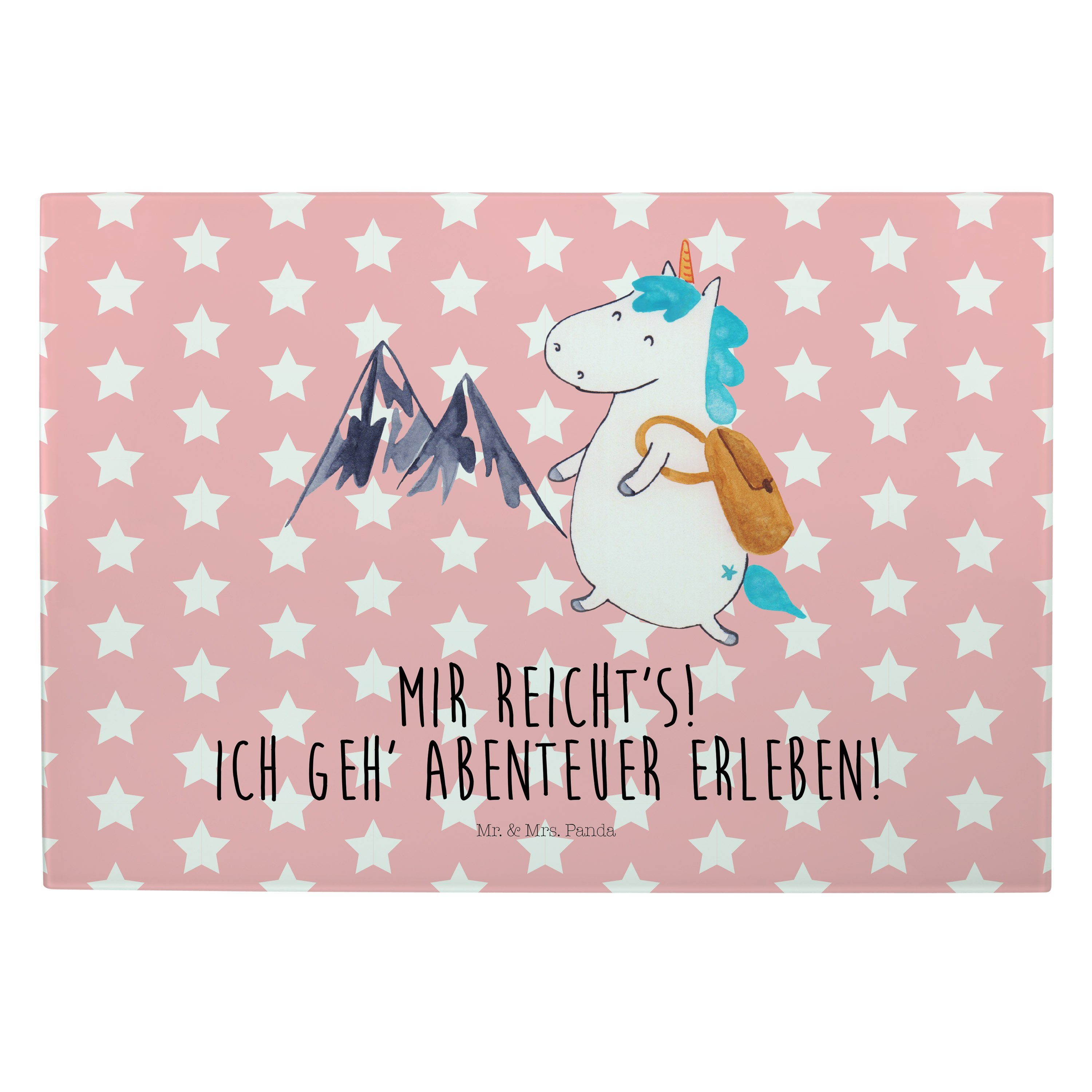 Mr. & Mrs. Panda Servierbrett Einhorn Bergsteiger - Rot Pastell - Geschenk, Unicorn, Einhorn Deko, Premium Glas, (1-St)