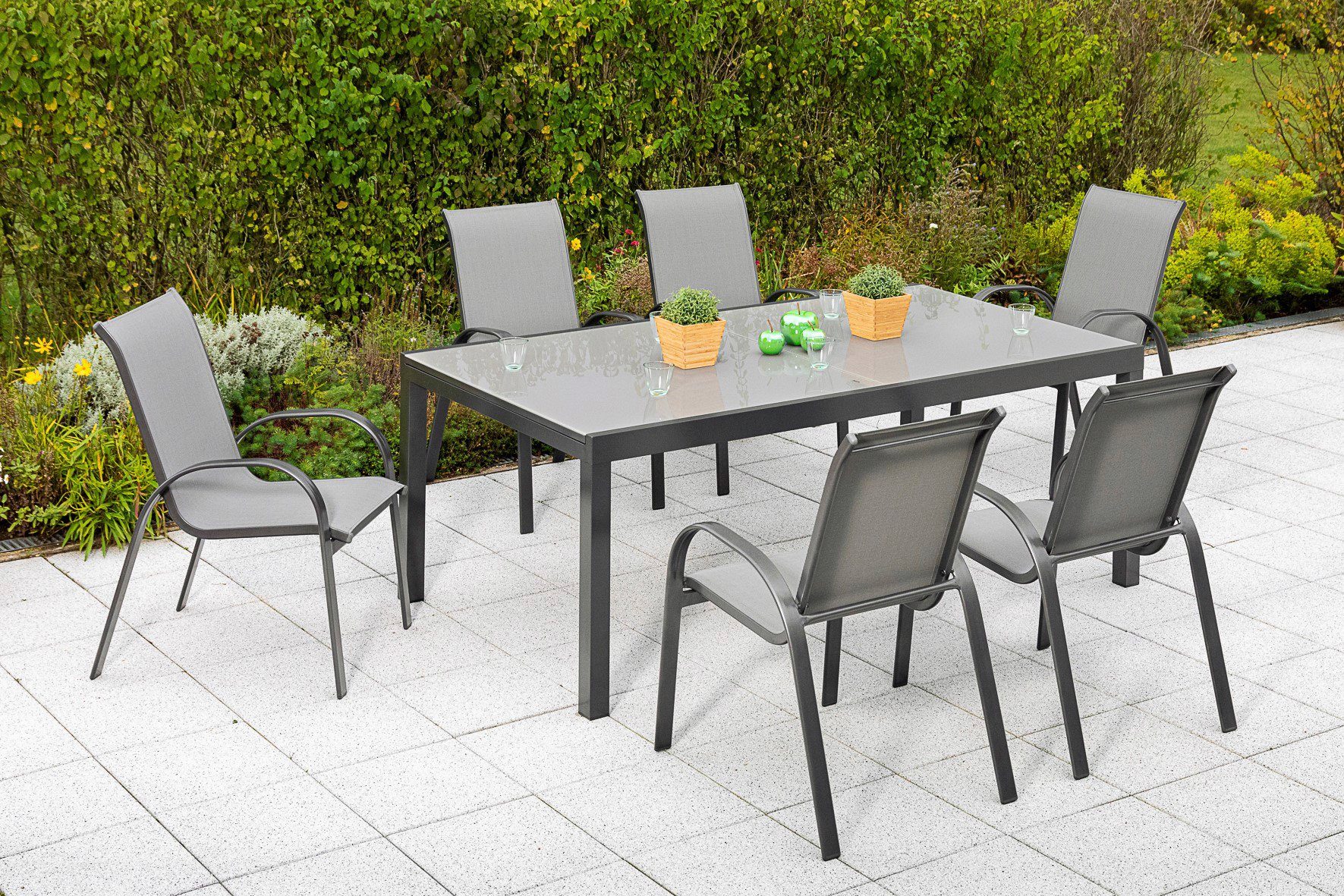 MERXX Garten-Essgruppe Amalfi, (Set, 7-tlg), 6 Stapelsessel, Ausziehtisch 110x 200-300 cm