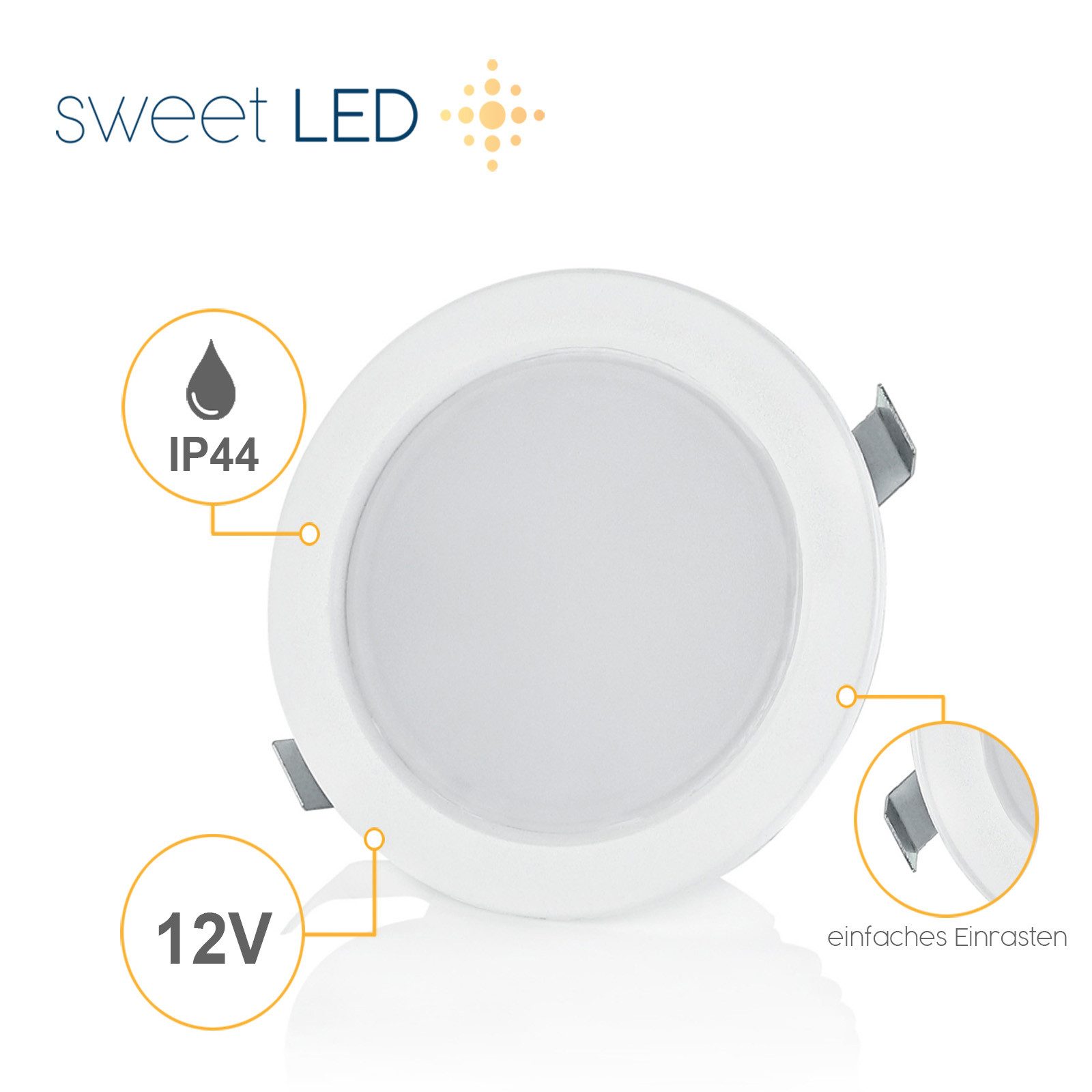 Sweet LED LED Einbaustrahler 4er Set 3,5 W Möbelleuchten IP44 weiß 12 V, spritzwassergeschützt, LED fest integriert, 6500K - kaltweiß, Vitrinenbeleuchtung, Möbeleinbaustrahler