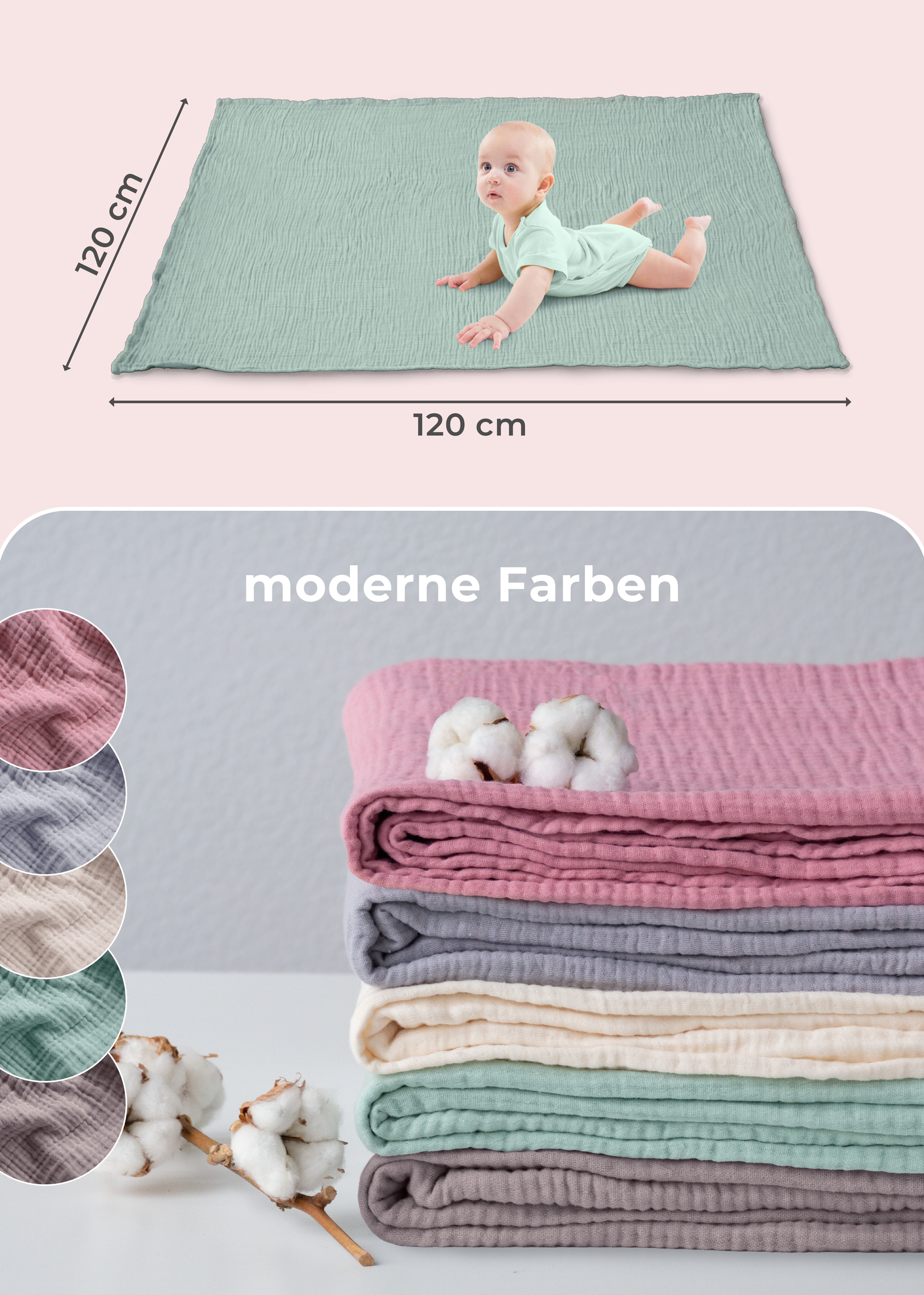 Babydecke Premium Musselin Babydecke 4-lagige Decke aus 100% Baumwolle, Laynenburg, Musselin Babydecke, Kuscheldecke oder Schlafdecke, Pucktuch, Spucktuch