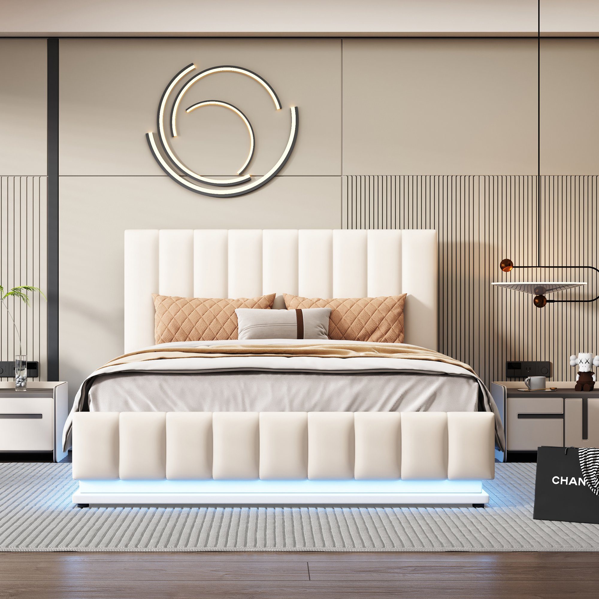 Boxspringbett (LED Hydraulisches Bett mit Bettkasten und Lattenrost), Polsterbett Stauraumbett 140x200 cm, Kunstleder