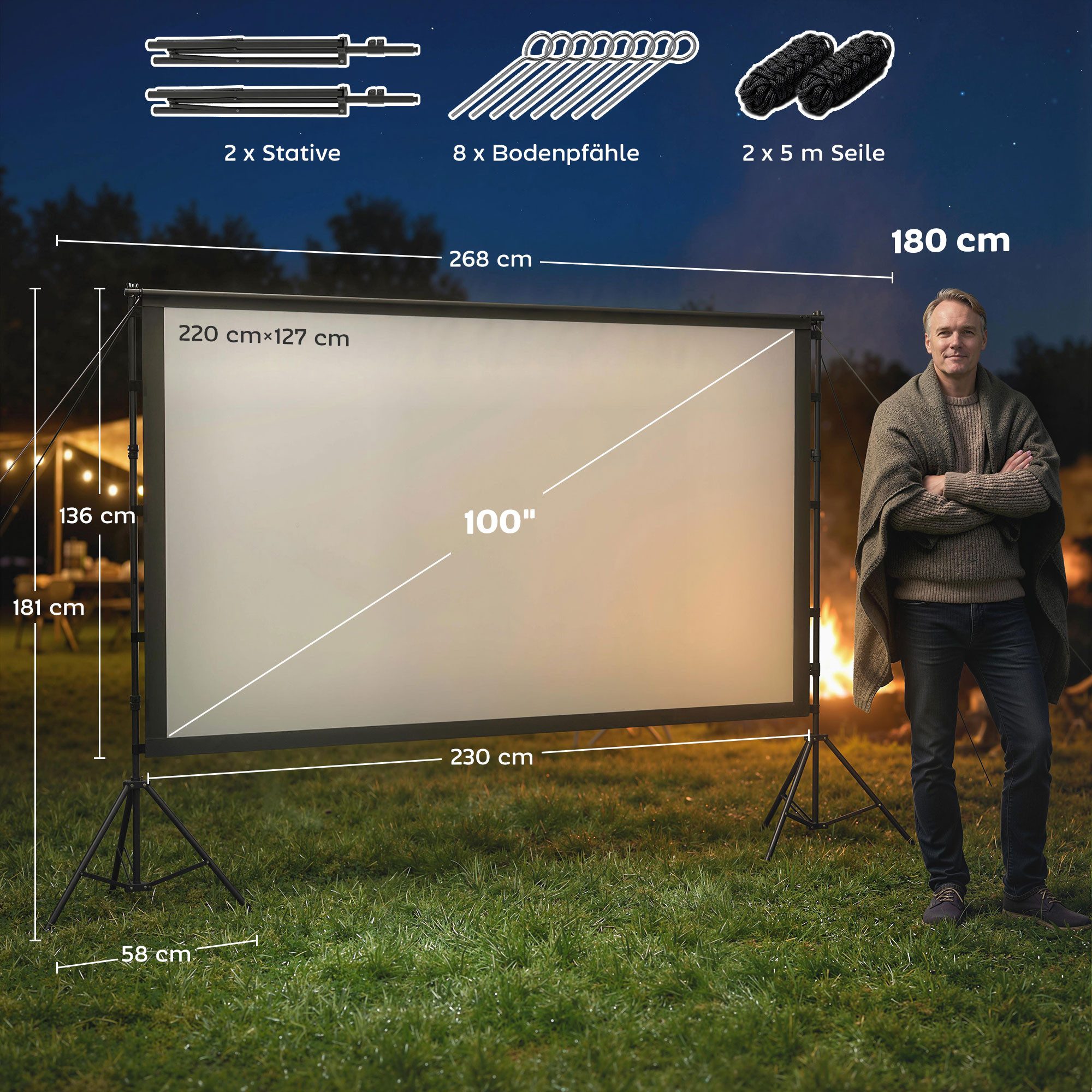 HOMCOM Leinwand Projektionsleinwand Heimkino, 4K,8K-fähig, 160° Betrachtungswinkel, Dual-Stativ, faltbar, waschbar
