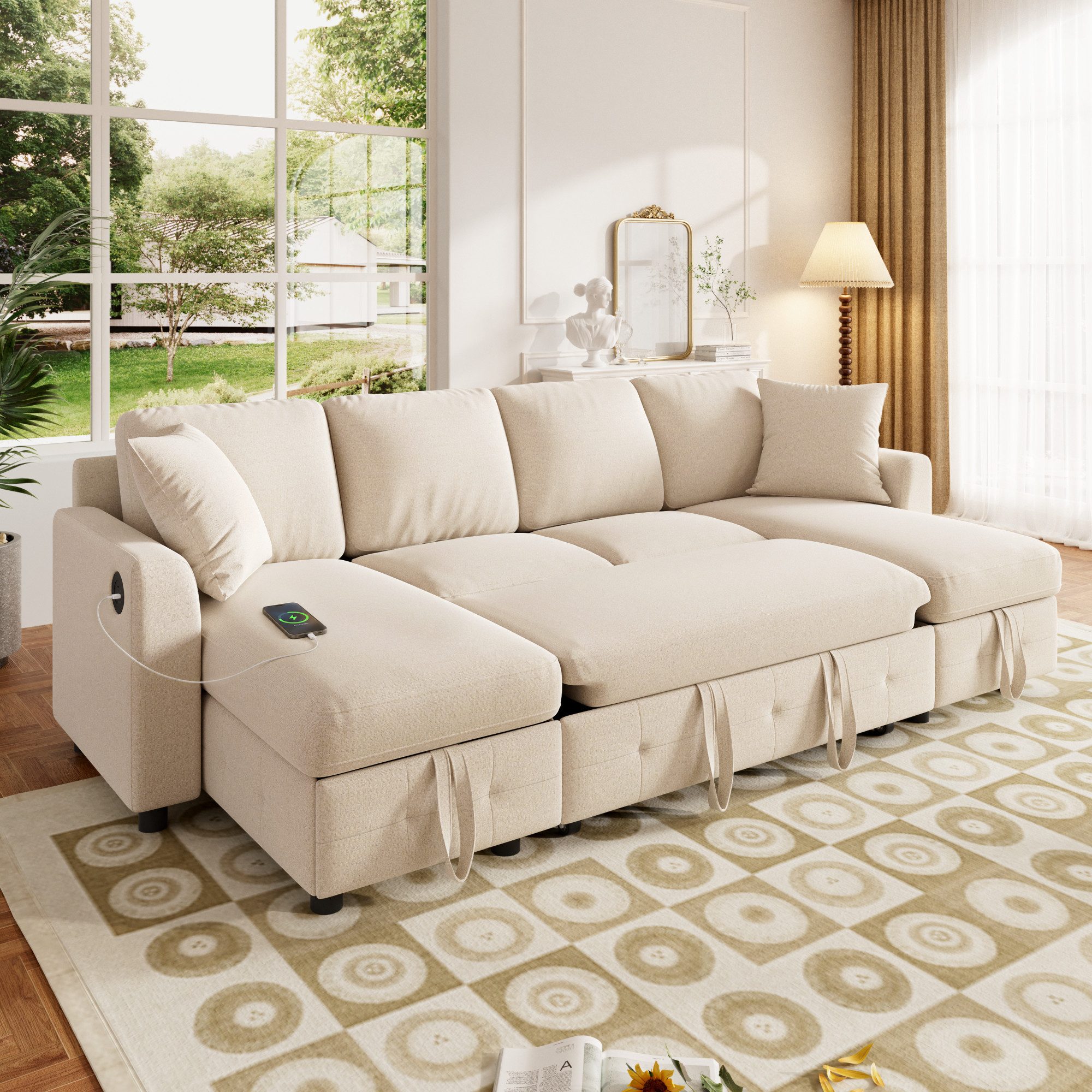 Flieks Ecksofa U-Form ausziehbares Schlafsofa Couch mit Schlaffunktion, Ladefunktion, 260×128×82 cm, 4-Sitzer Sofa mit 2 Stauraum-Chaiselongues Chenille Beige