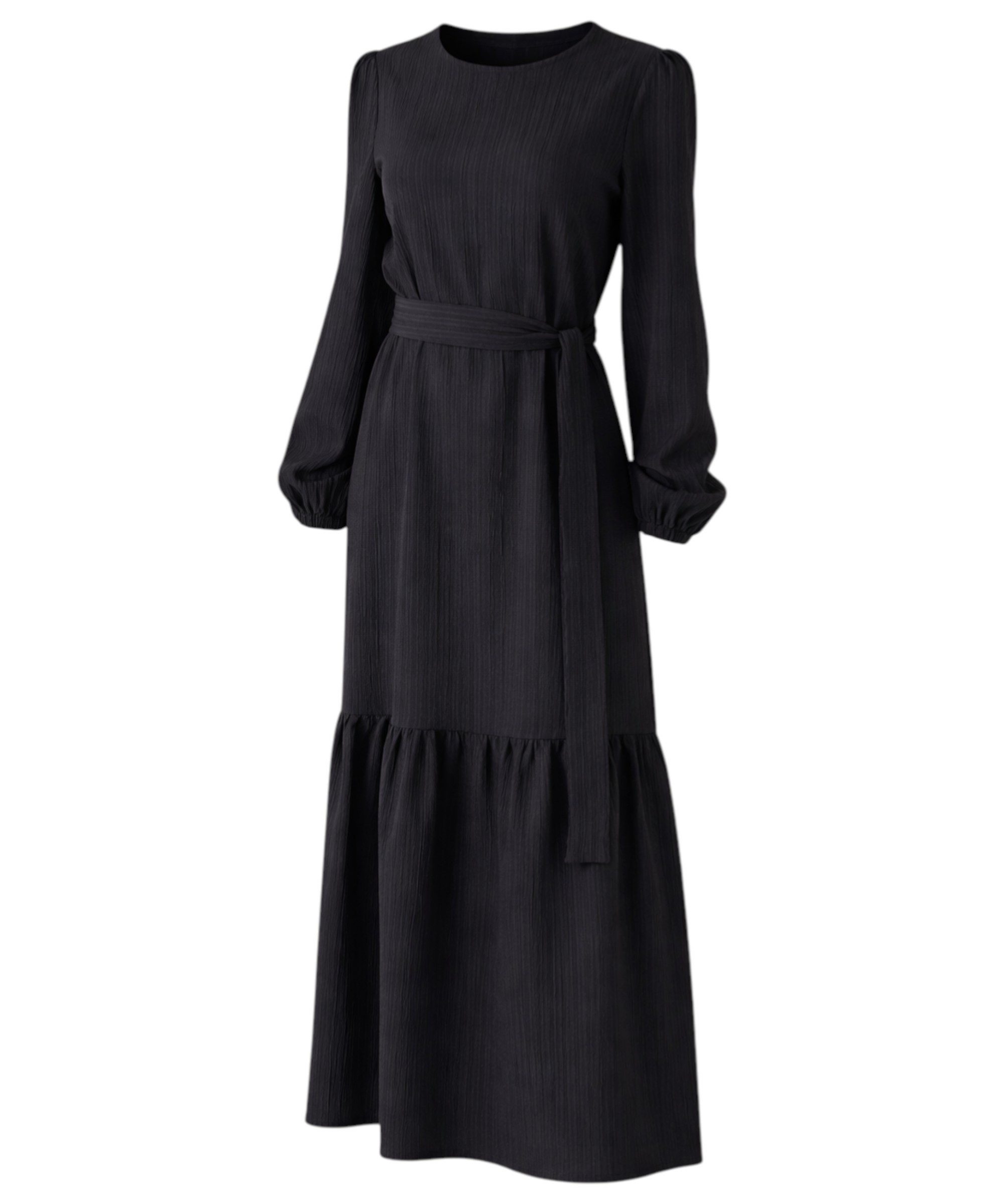 fashionshowcase Maxikleid Damen Crinkle Kleid mit Gürtel, Ballonärmel, 140 cm, Gr. 36–46 Mit Bindegürtel in Taille und dezentem Volant am Saum