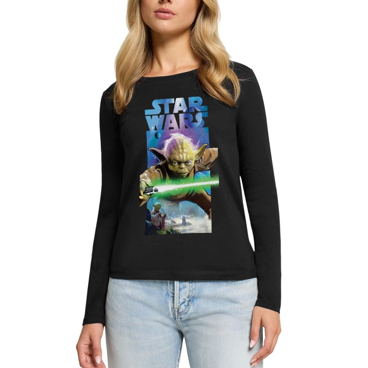 Spreadshirt T-Shirt Star Wars Meister Yoda Und Grünes Lichtschwert Premium Langarmshirt Da (1-tlg)