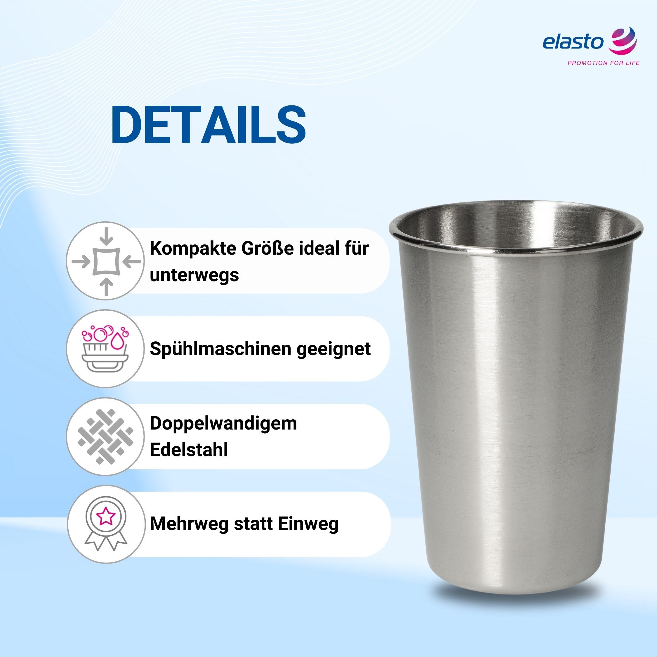 elasto Becher Edelstahl Trinkbecher to go 500 ml METALLO perfekt für unterwegs, Edelstahl, robust, camping geschirr, wandern, Becher für Partys