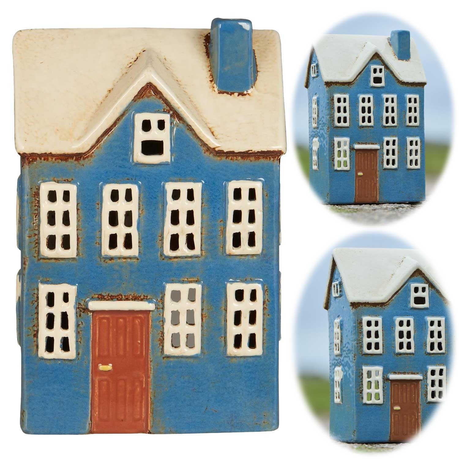 LS-LebenStil Teelichthalter Teelichthaus Lichterhaus Nyhavn 20cm Blau Weiß Keramik Fachwerkhaus (Dänisches Lichterhaus Windlichthalter Teelichtständer Kerzenständer, 1 St., Lichterhäuschen Windlicht für Teelichter Wohnzimmer Garten Balkon), Deko Hochzeit Ostern Weihnachten Konfirmation