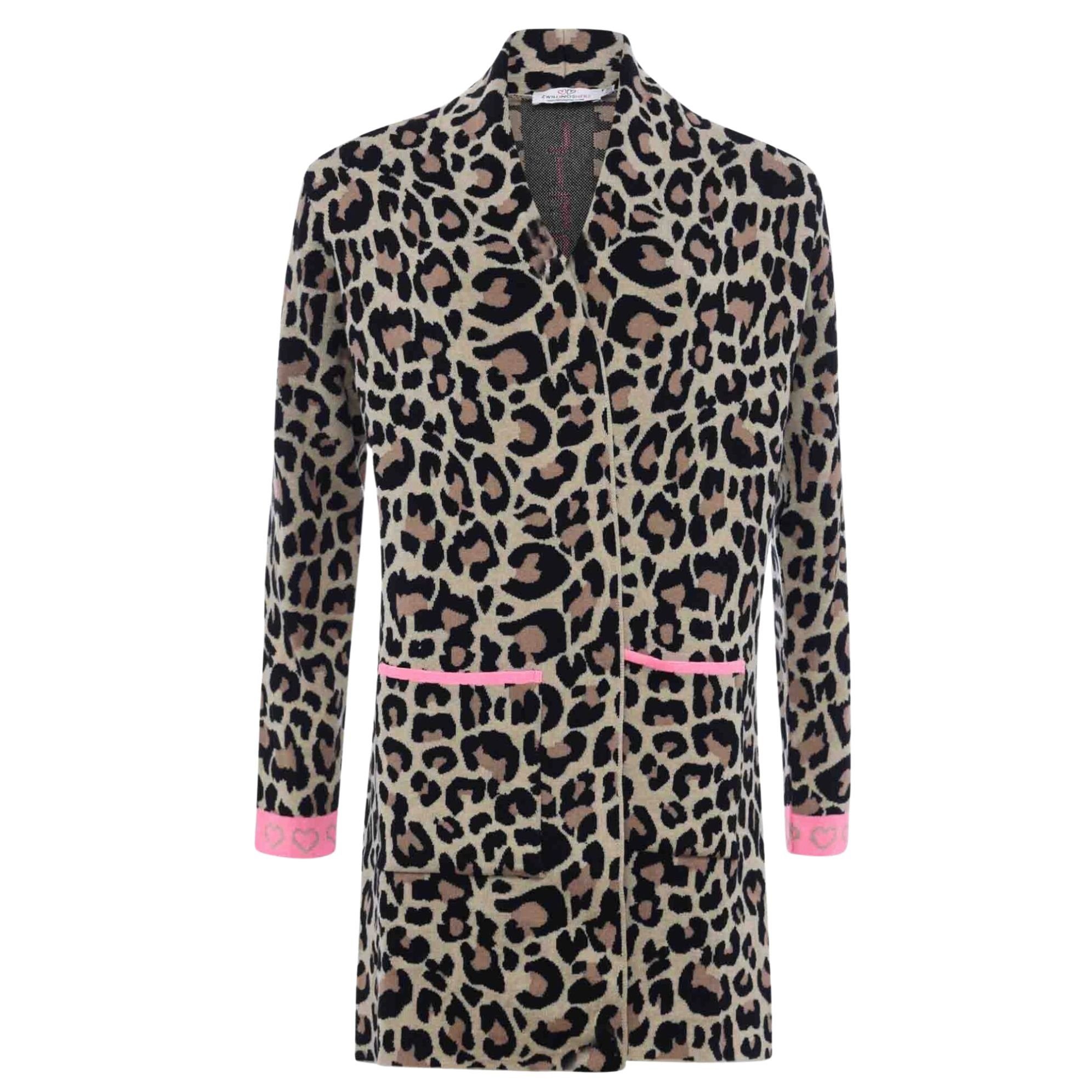 Zwillingsherz Strickjacke Damen - Leopardenmuster Cardigan Schwarz