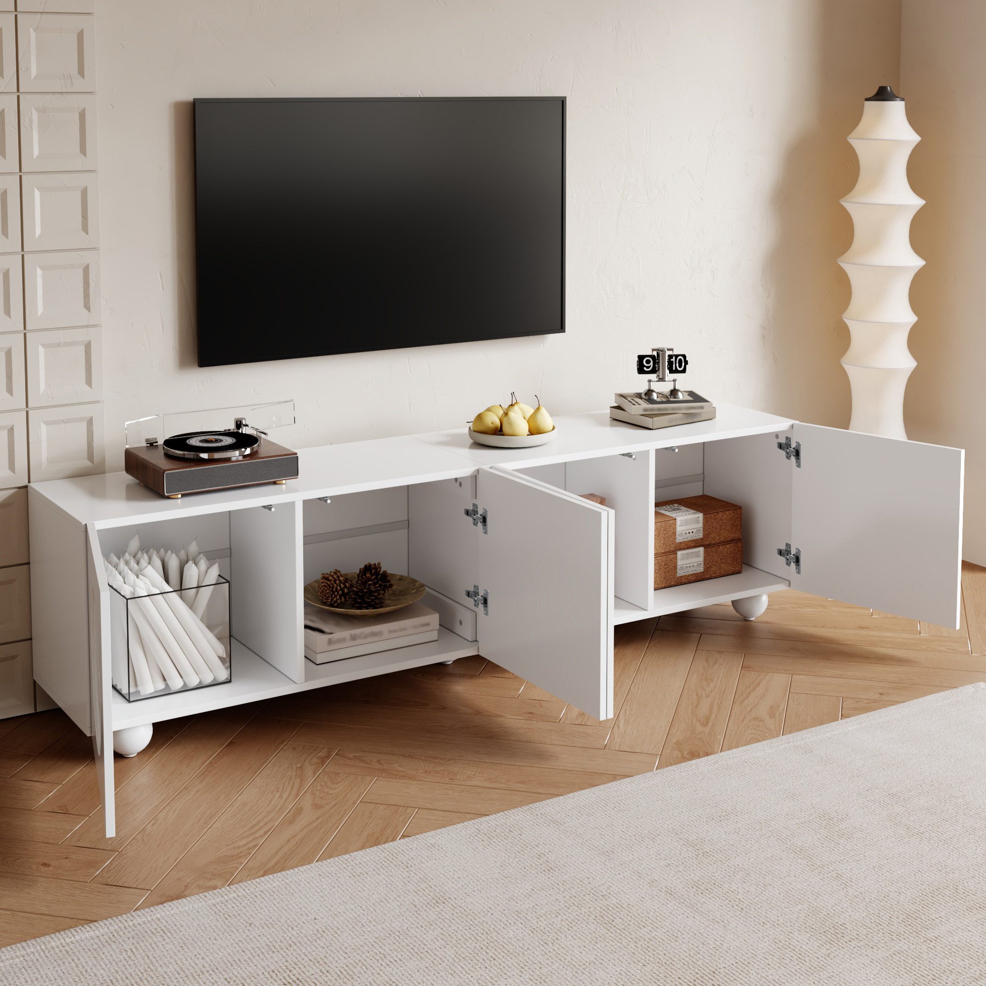 Merax Lowboard in Weiß (1 St., 180,5 x 38 x 50cm), TV-Schrank mit 4 3D-Rundrelief-Türen, Standfuß & Stauraum